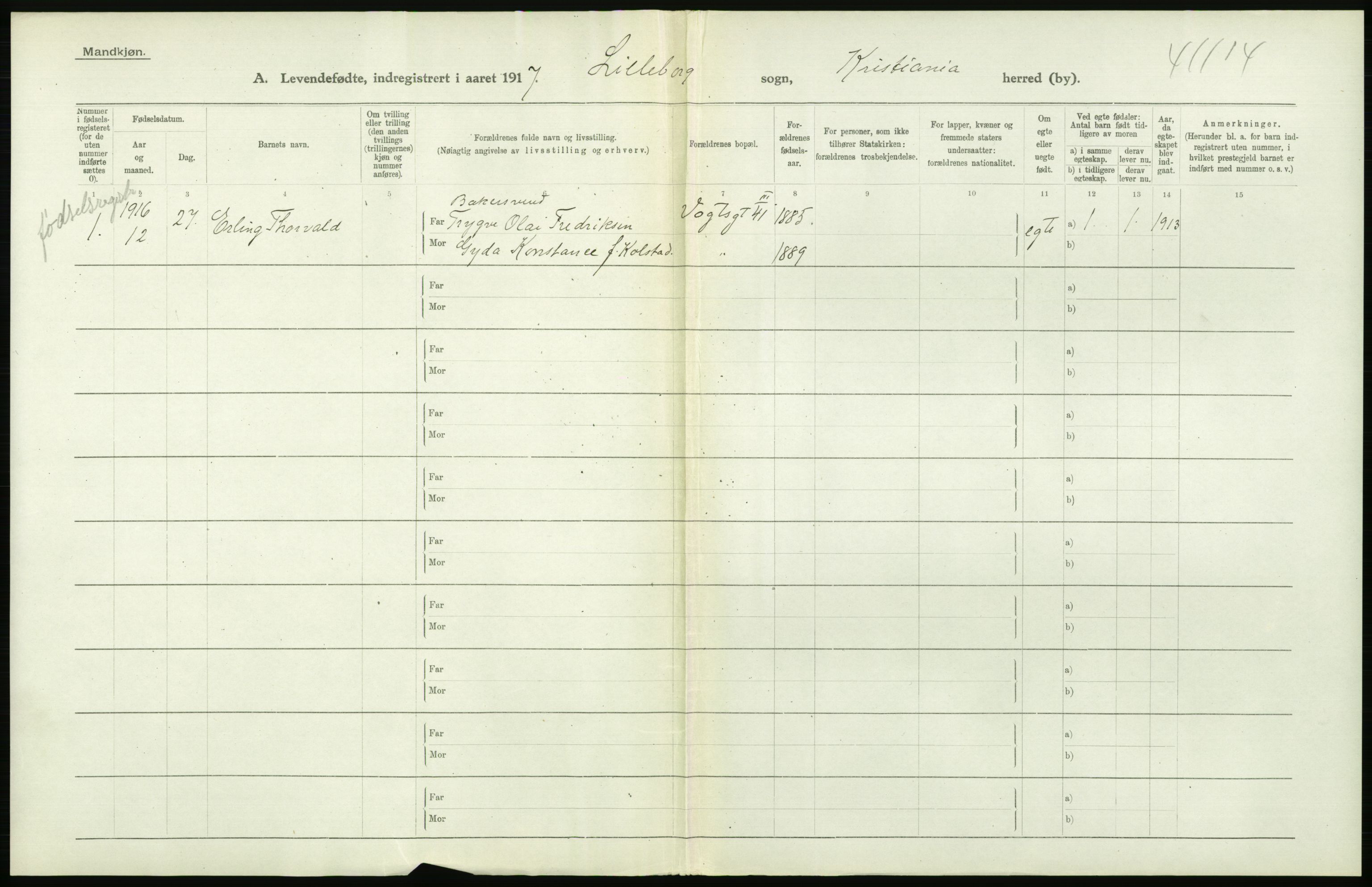 Statistisk sentralbyrå, Sosiodemografiske emner, Befolkning, AV/RA-S-2228/D/Df/Dfb/Dfbg/L0006: Kristiania: Levendefødte menn og kvinner., 1917, p. 376