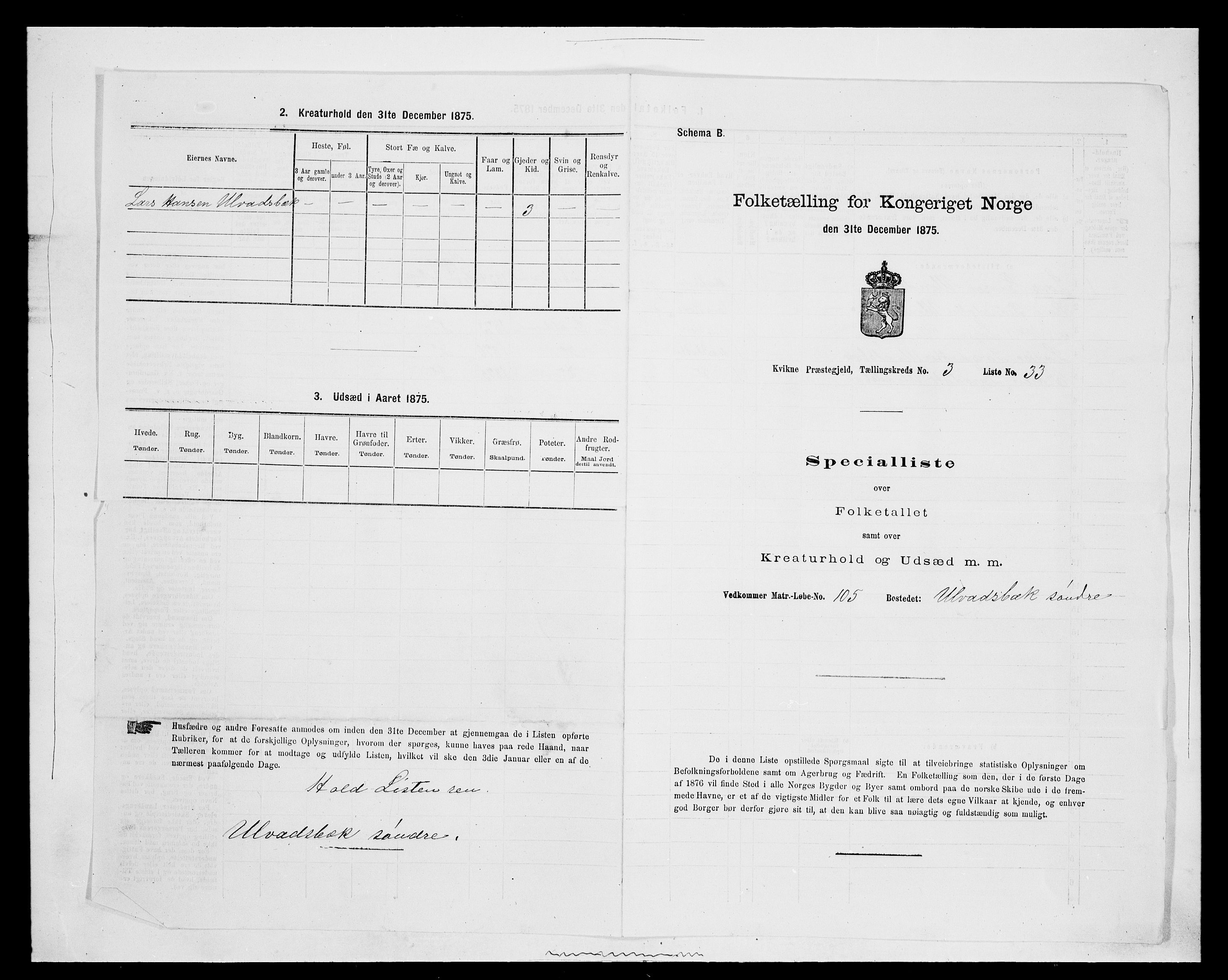 SAH, 1875 census for 0440P Kvikne, 1875, p. 330