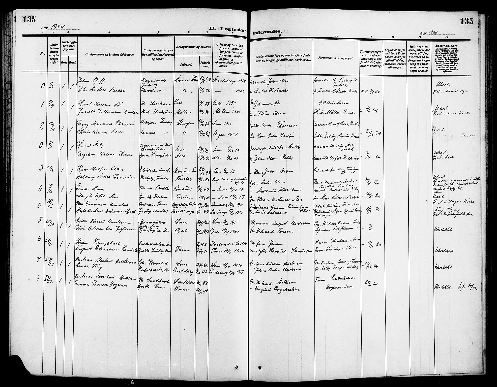 Sem kirkebøker, SAKO/A-5/G/Ga/L0007: Parish register (copy) no. I 7, 1909-1924, p. 135