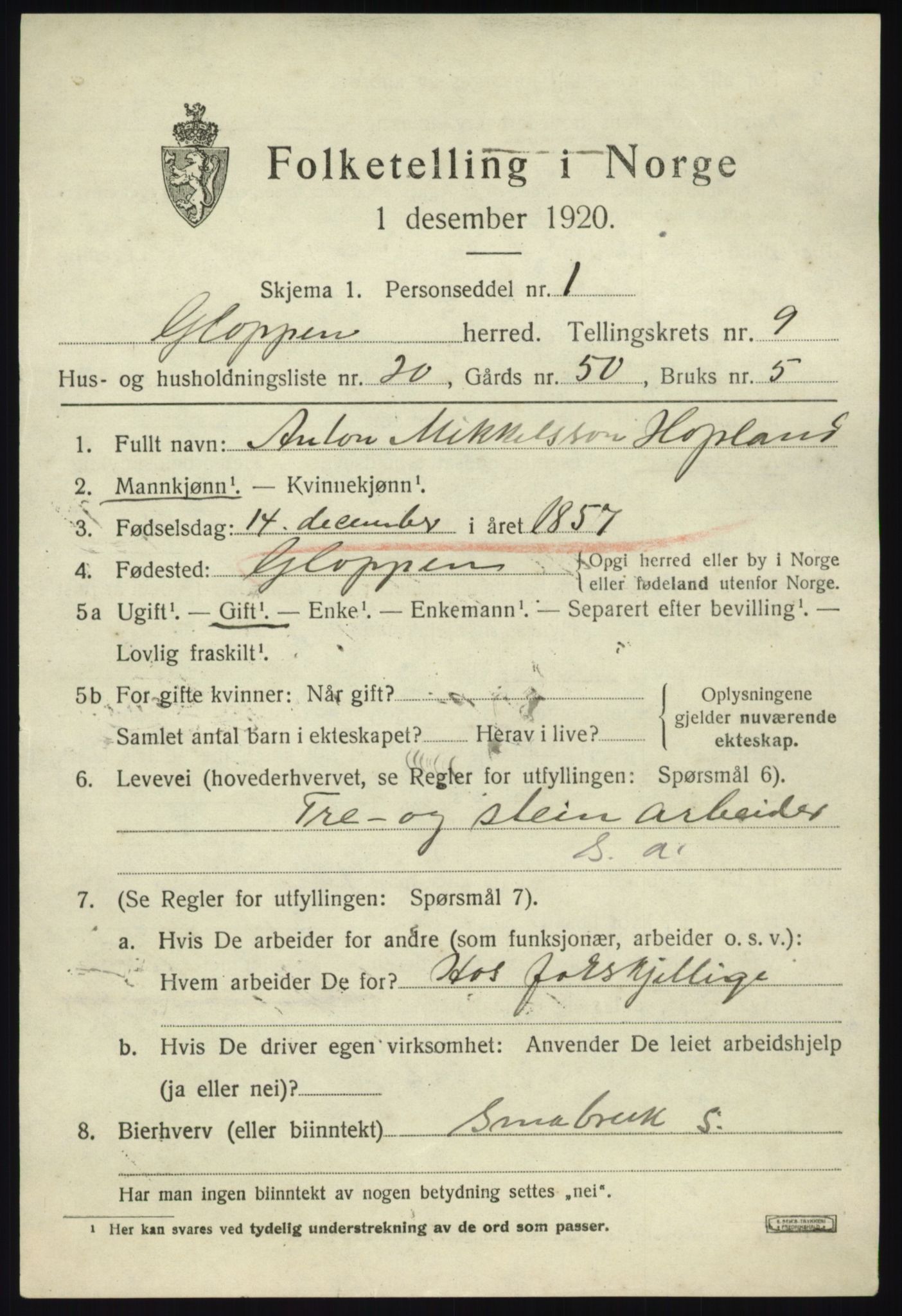 SAB, 1920 census for Gloppen, 1920, p. 5184
