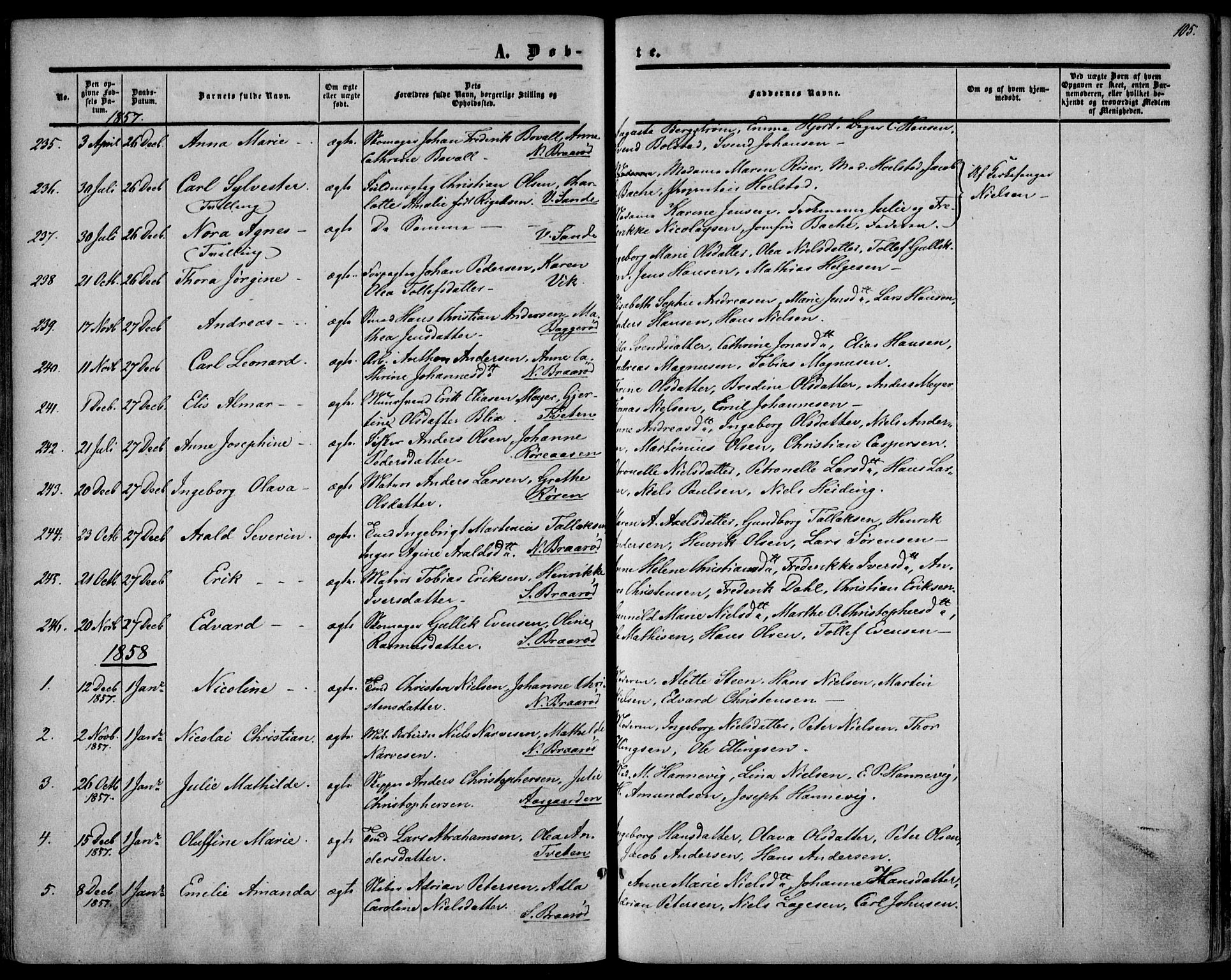 Borre kirkebøker, SAKO/A-338/F/Fa/L0006: Parish register (official) no. I 6, 1852-1862, p. 105