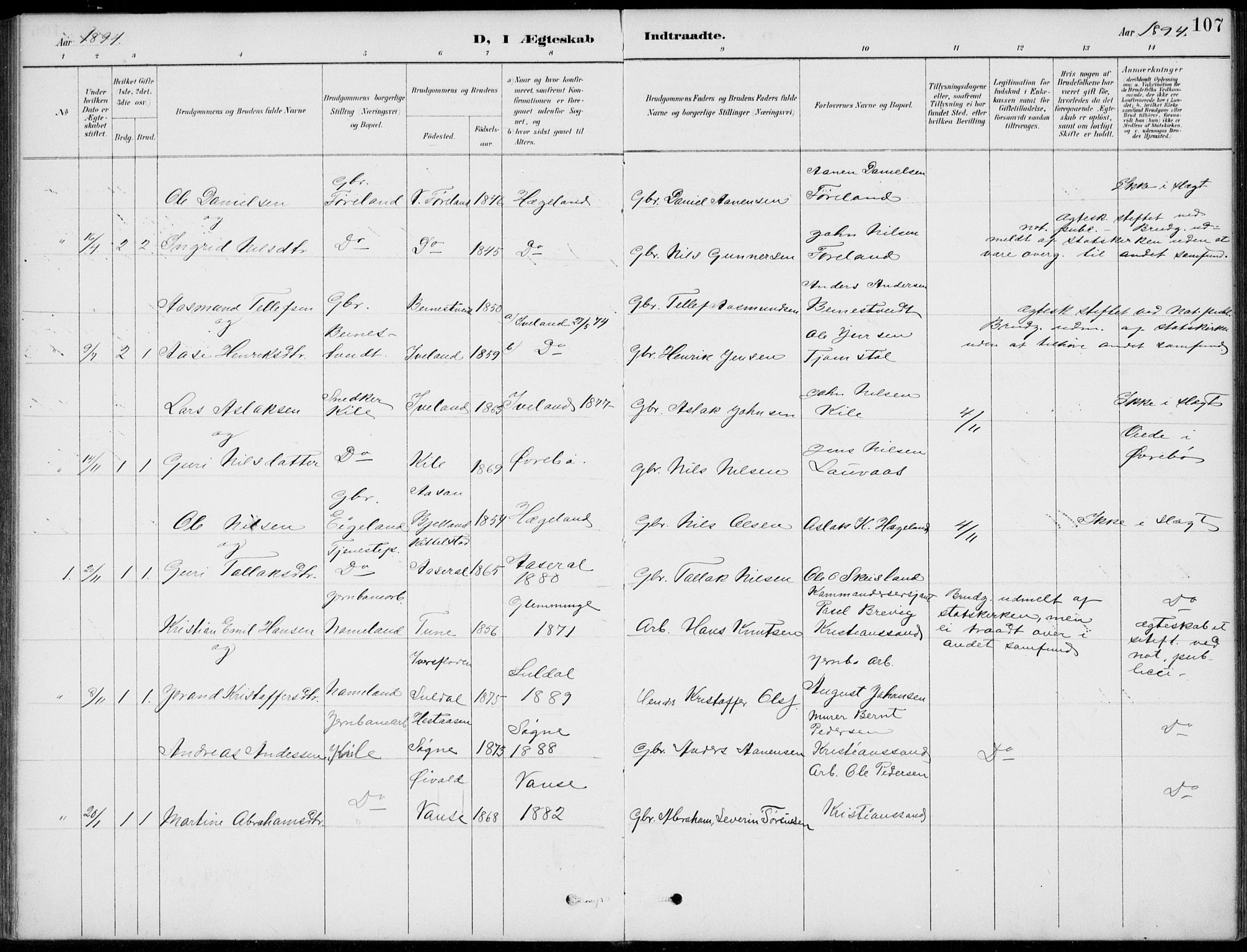 Vennesla sokneprestkontor, AV/SAK-1111-0045/Fb/Fba/L0003: Parish register (copy) no. B 3, 1890-1919, p. 107