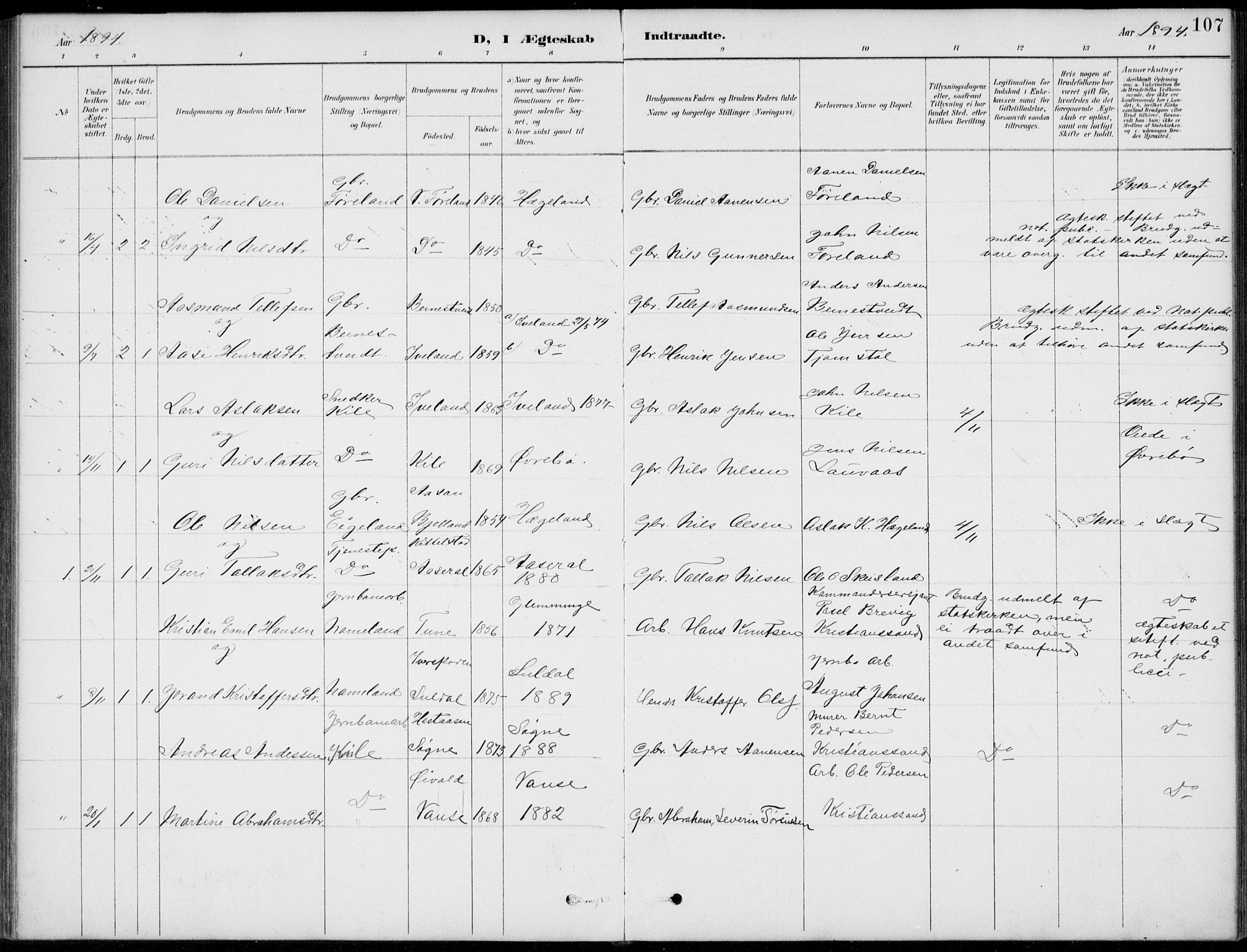 Vennesla sokneprestkontor, AV/SAK-1111-0045/Fb/Fba/L0003: Parish register (copy) no. B 3, 1890-1919, p. 107