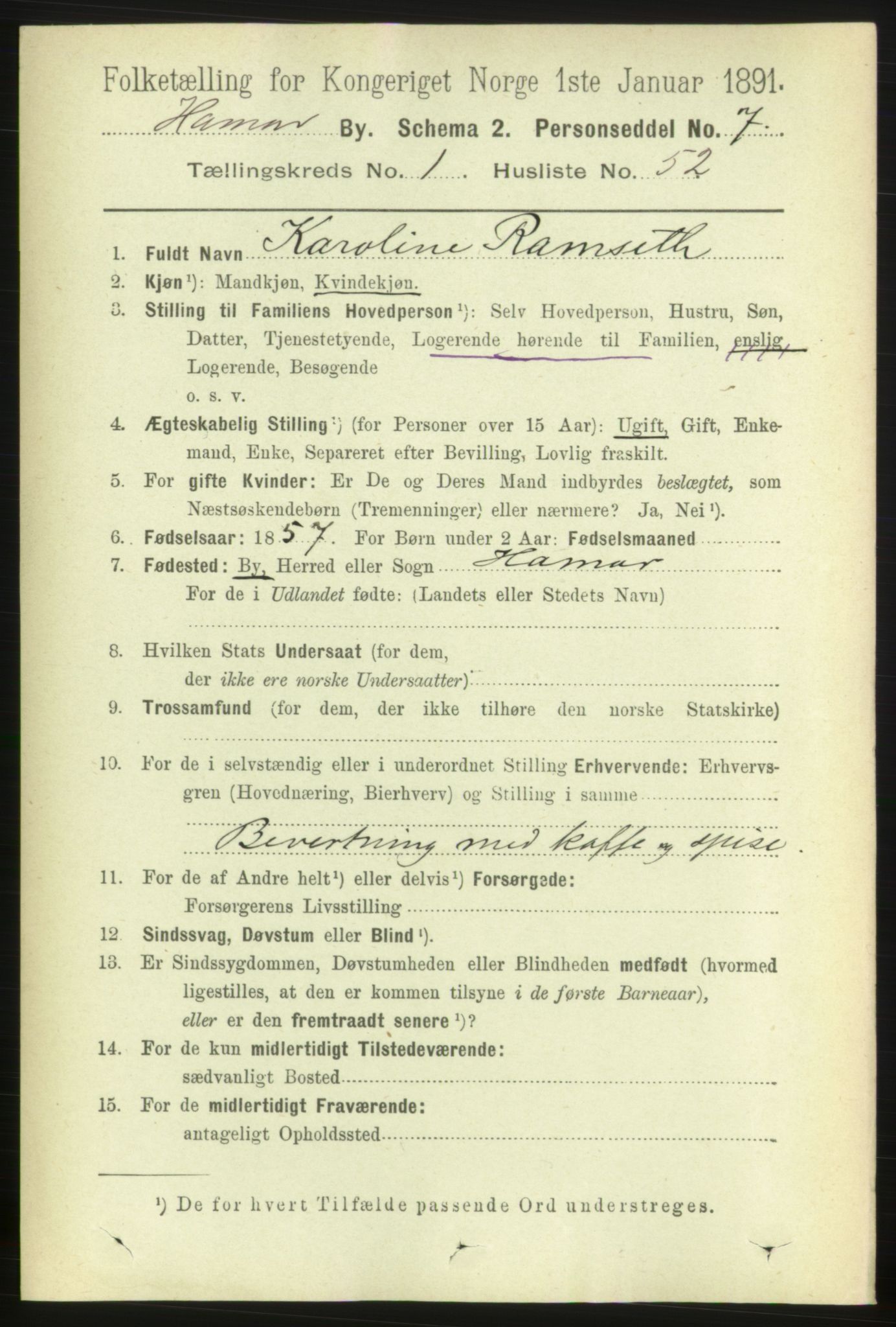 RA, 1891 census for 0401 Hamar, 1891, p. 913