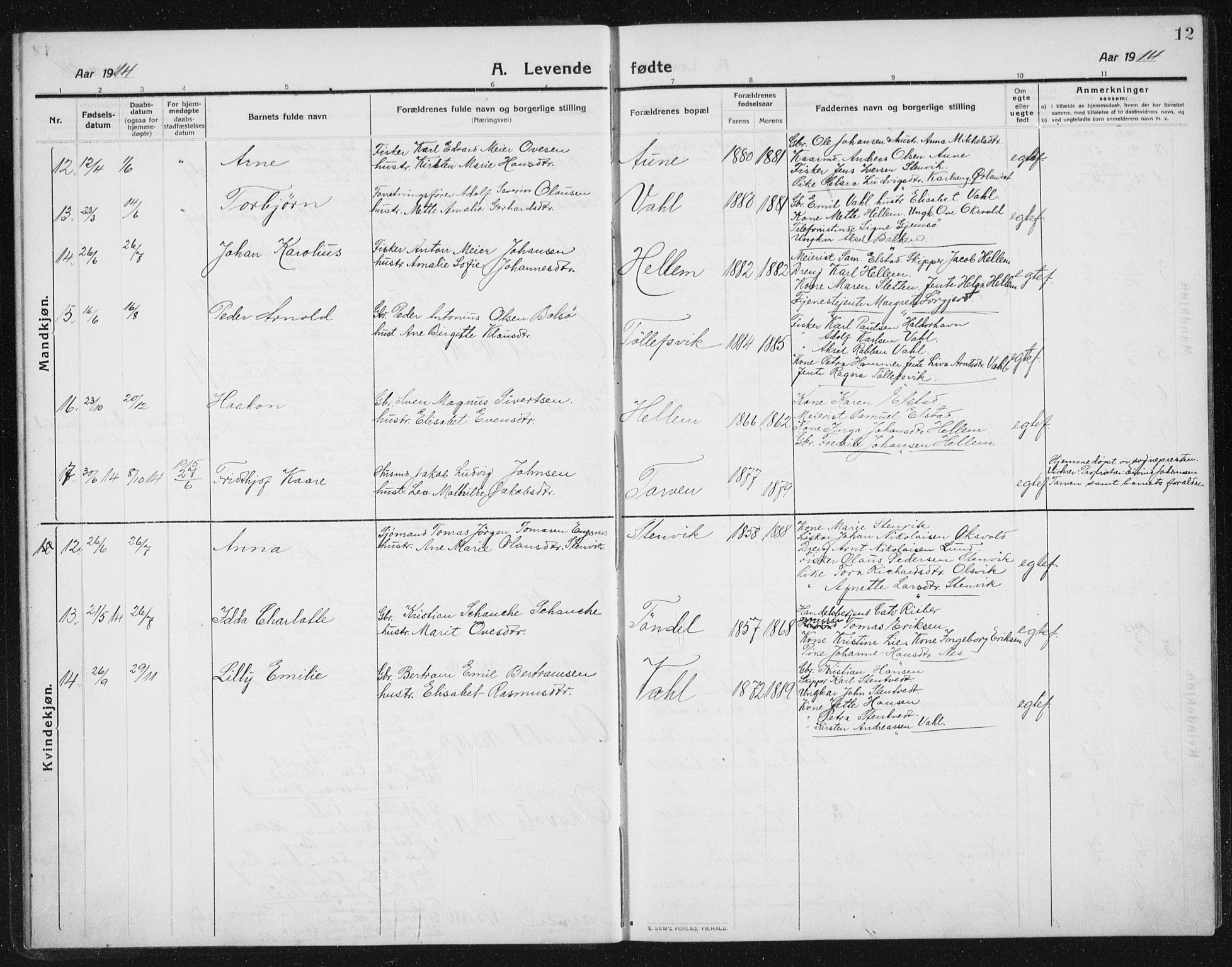 Ministerialprotokoller, klokkerbøker og fødselsregistre - Sør-Trøndelag, SAT/A-1456/652/L0654: Parish register (copy) no. 652C02, 1910-1937, p. 12