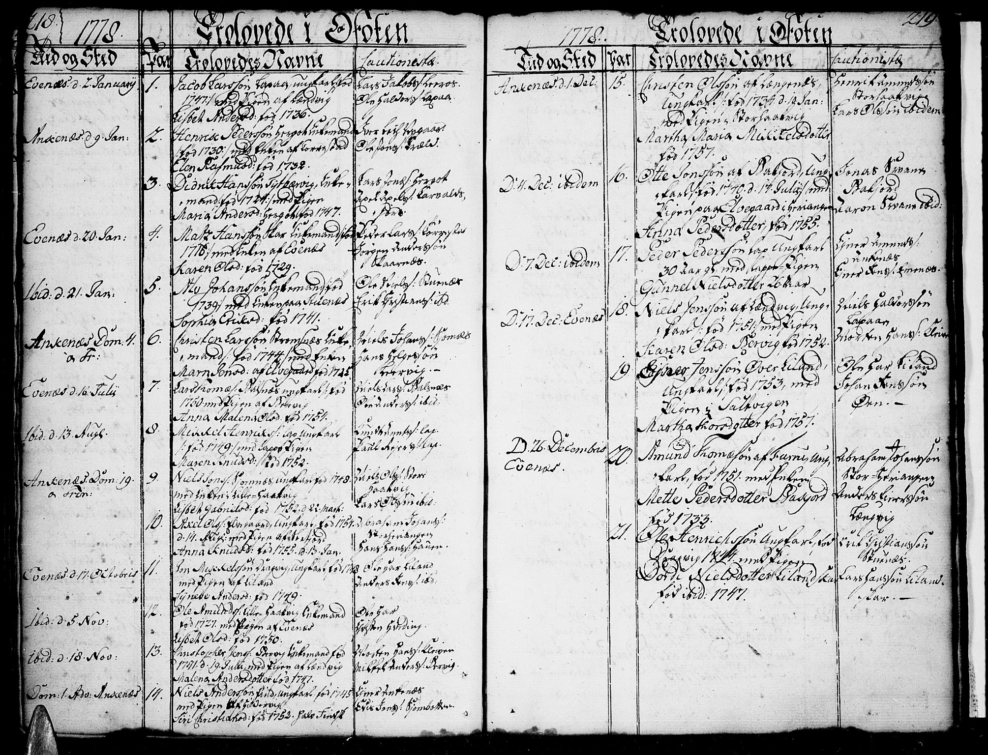 Ministerialprotokoller, klokkerbøker og fødselsregistre - Nordland, SAT/A-1459/863/L0892: Parish register (official) no. 863A04, 1765-1794, p. 218-219