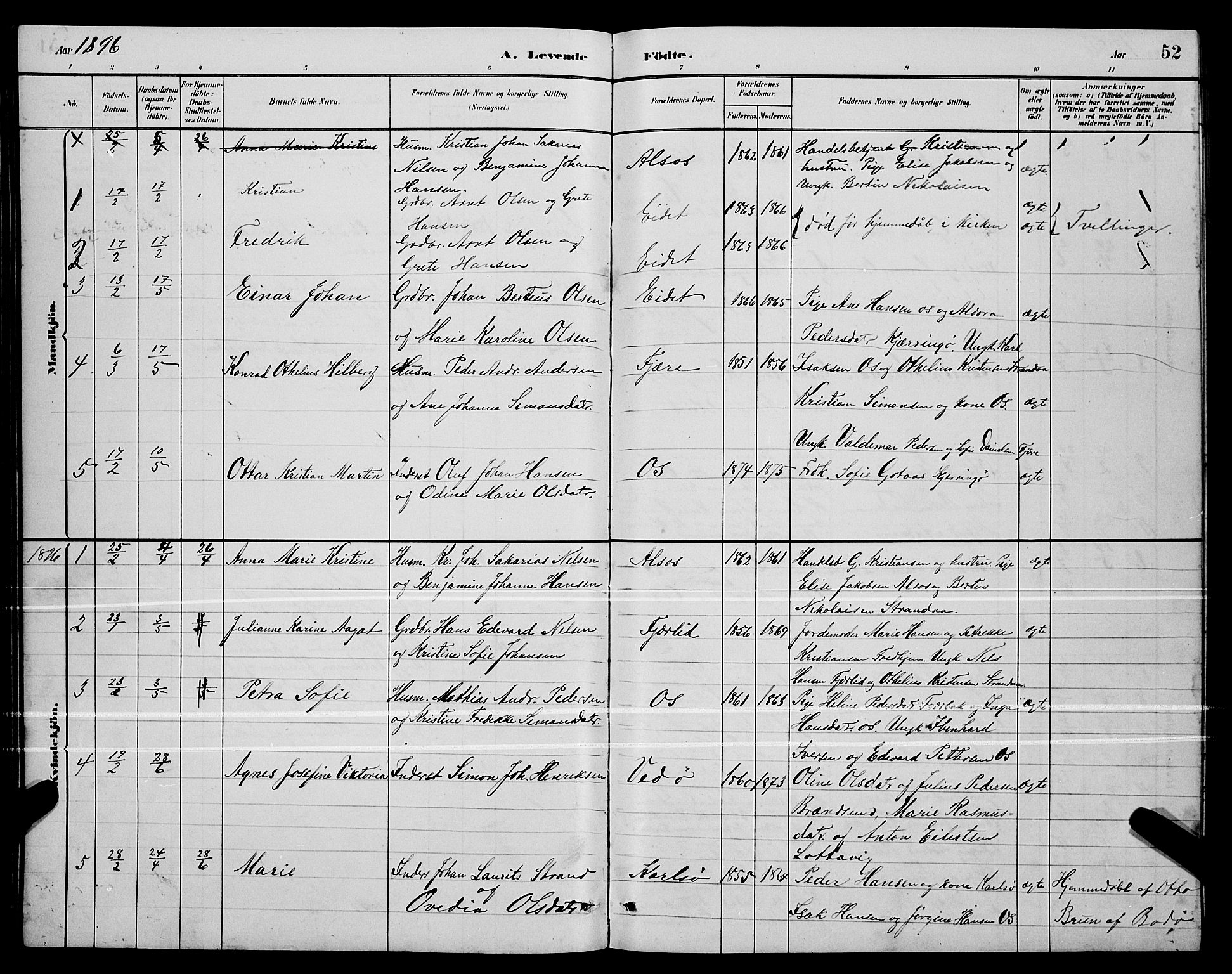 Ministerialprotokoller, klokkerbøker og fødselsregistre - Nordland, AV/SAT-A-1459/803/L0076: Parish register (copy) no. 803C03, 1882-1897, p. 52