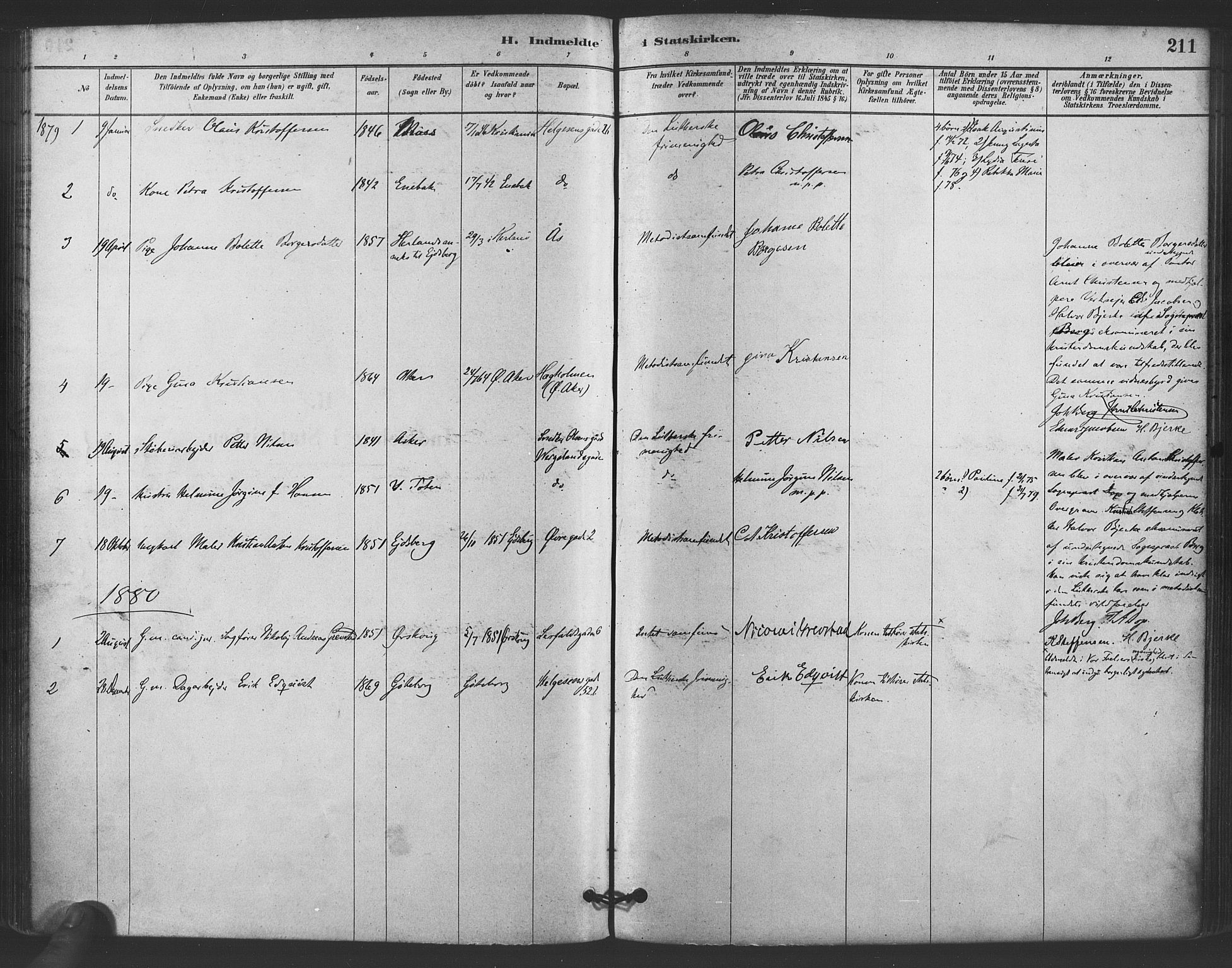 Paulus prestekontor Kirkebøker, SAO/A-10871/F/Fa/L0005: Parish register (official) no. 5, 1879-1889, p. 211