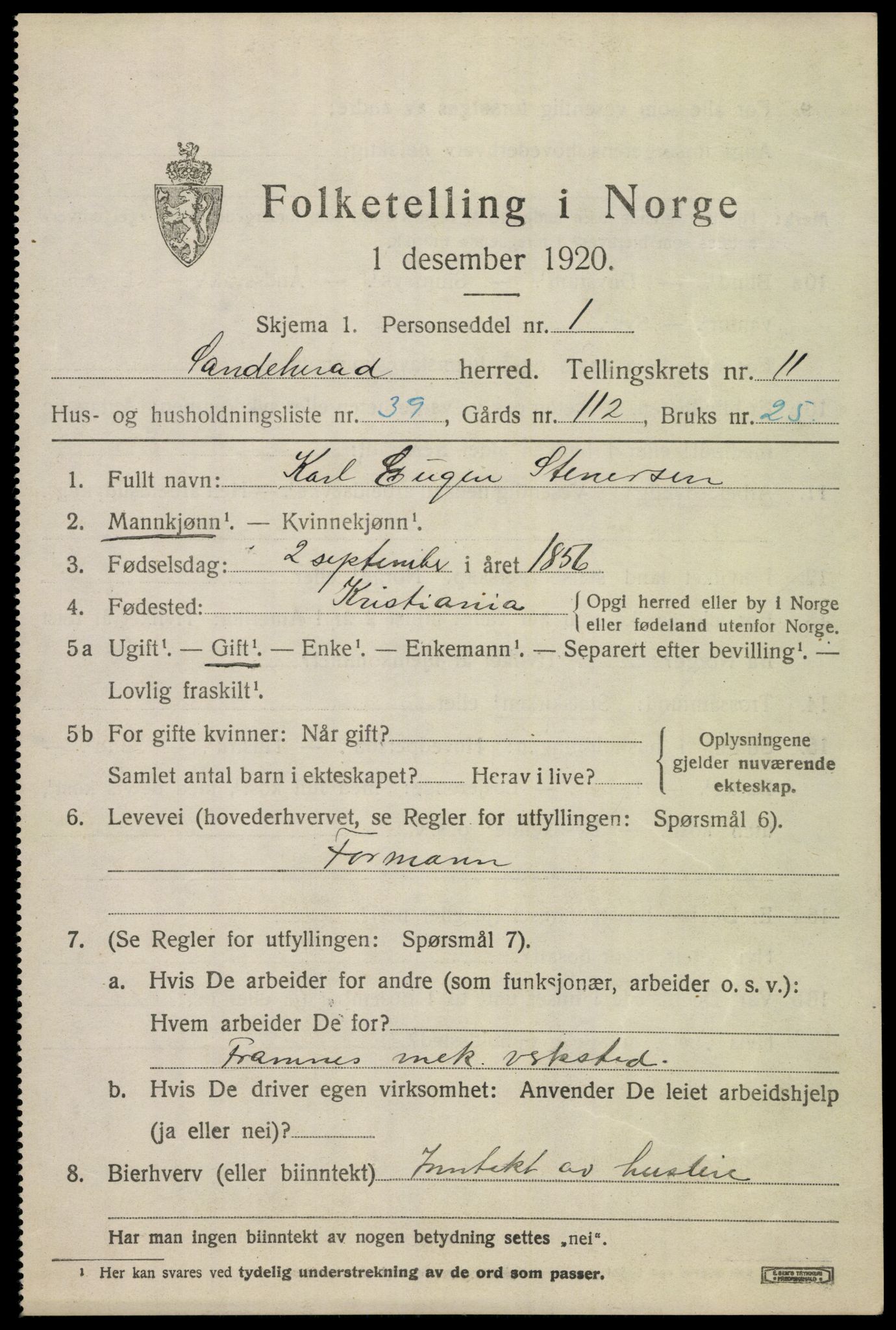 SAKO, 1920 census for Sandeherred, 1920, p. 16148