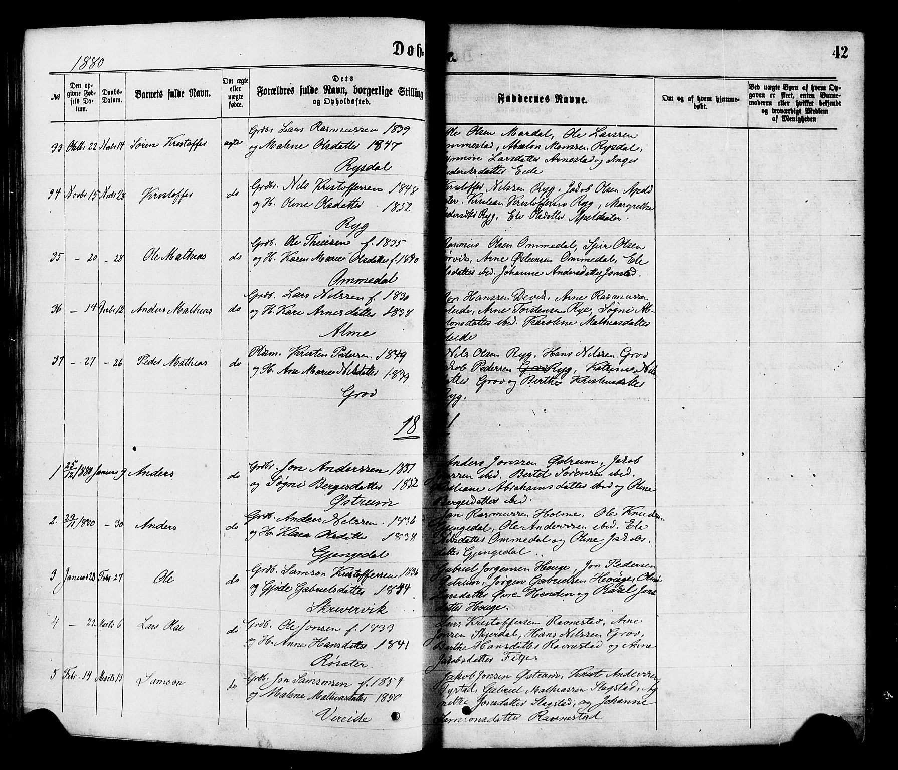 Gloppen sokneprestembete, AV/SAB-A-80101/H/Haa/Haaa/L0010: Parish register (official) no. A 10, 1871-1884, p. 42