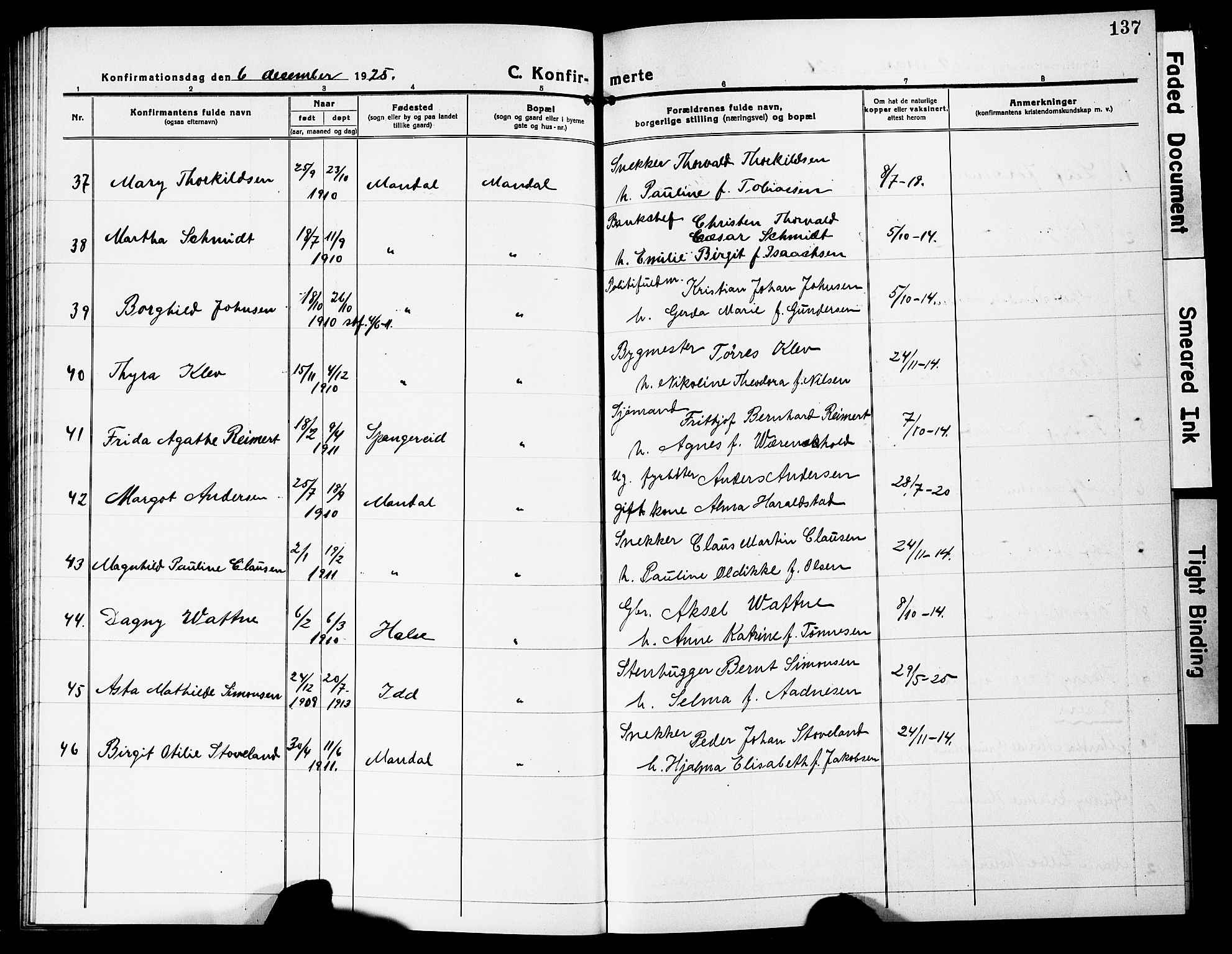 Mandal sokneprestkontor, AV/SAK-1111-0030/F/Fb/Fbc/L0001: Parish register (copy) no. B 1, 1918-1931, p. 137