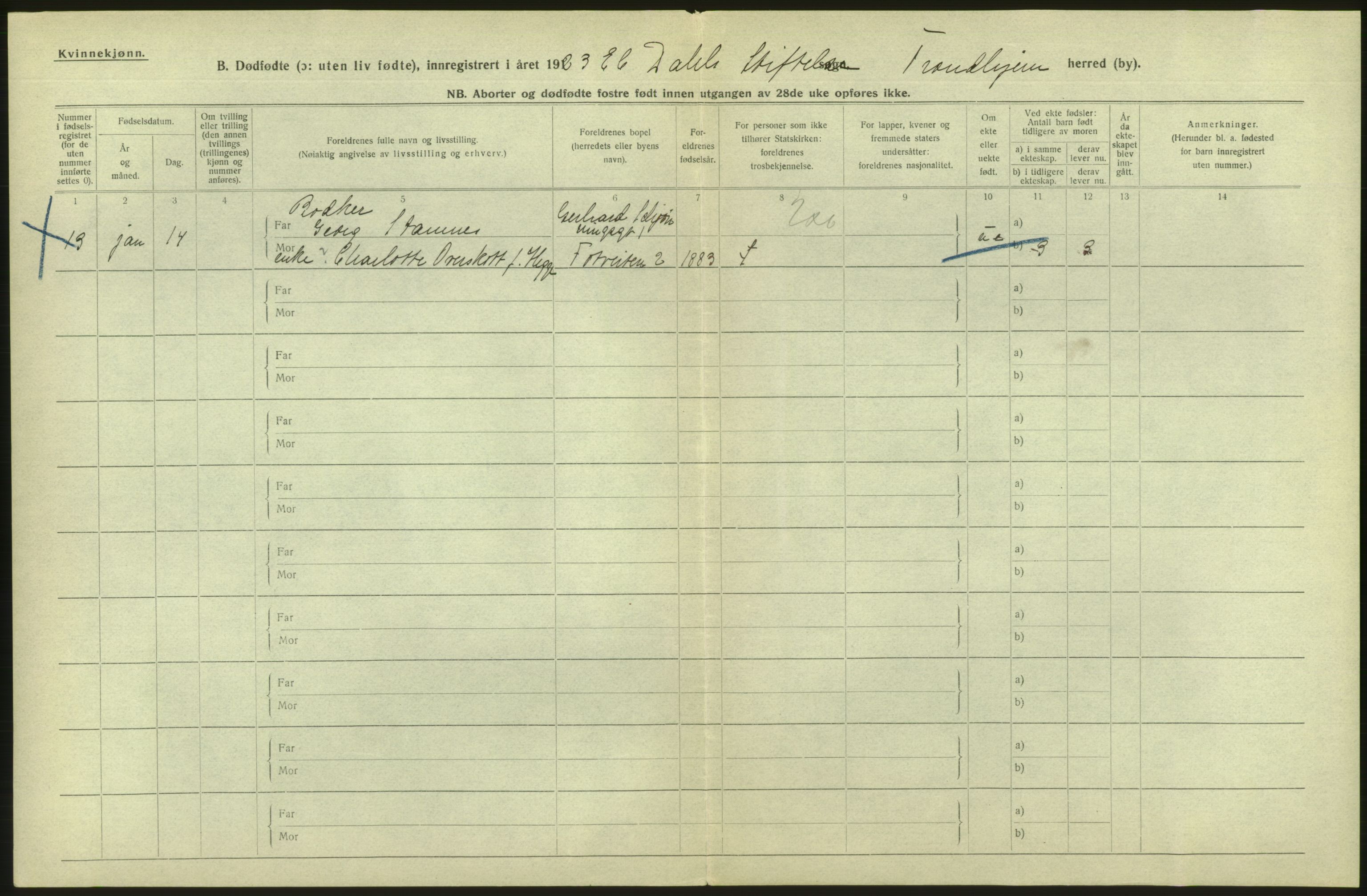 Statistisk sentralbyrå, Sosiodemografiske emner, Befolkning, AV/RA-S-2228/D/Df/Dfc/Dfcc/L0038: Trondheim: Levendefødte menn og kvinner, gifte, døde, dødfødte., 1923, p. 908