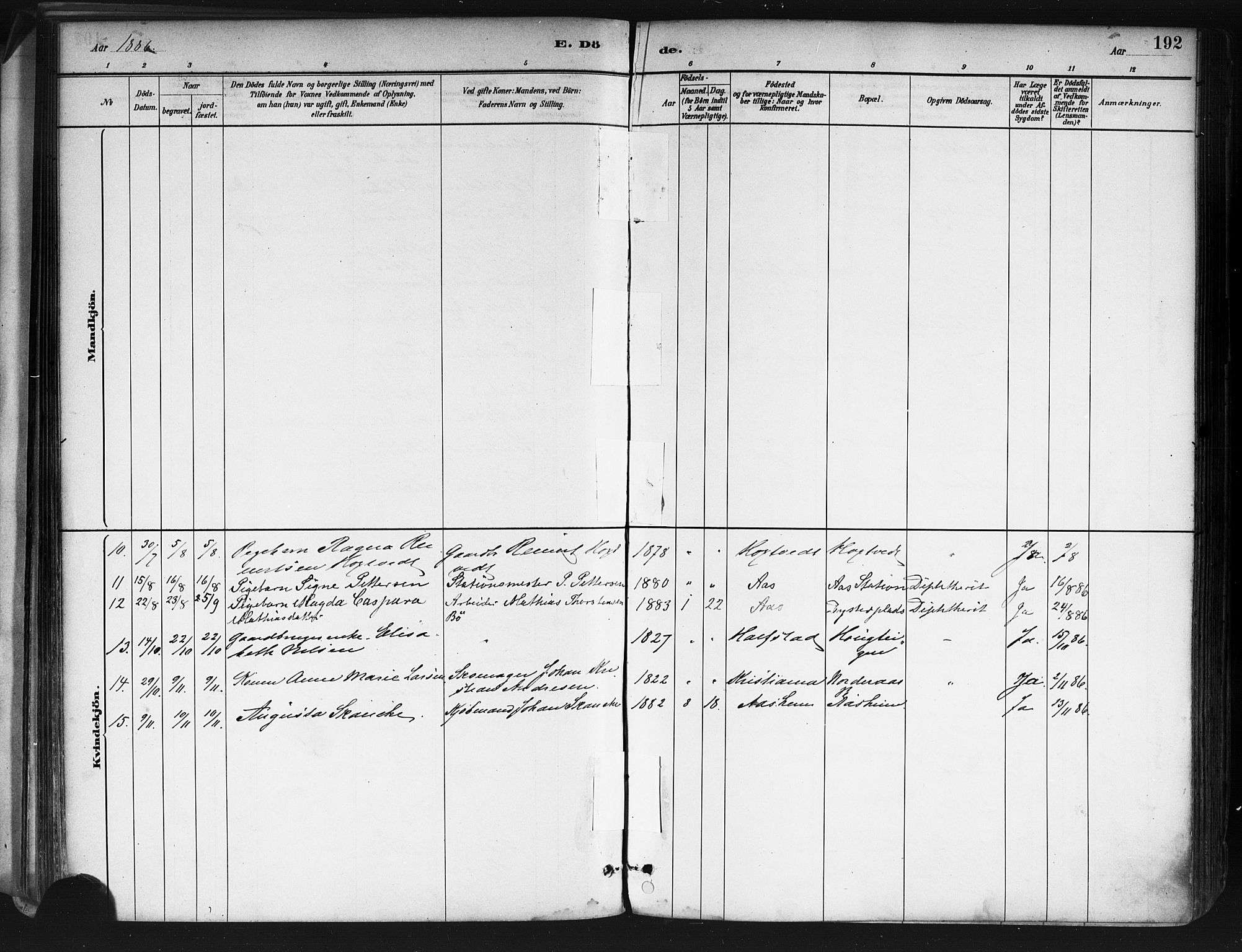 Ås prestekontor Kirkebøker, SAO/A-10894/F/Fa/L0009: Parish register (official) no. I 9, 1881-1900, p. 192
