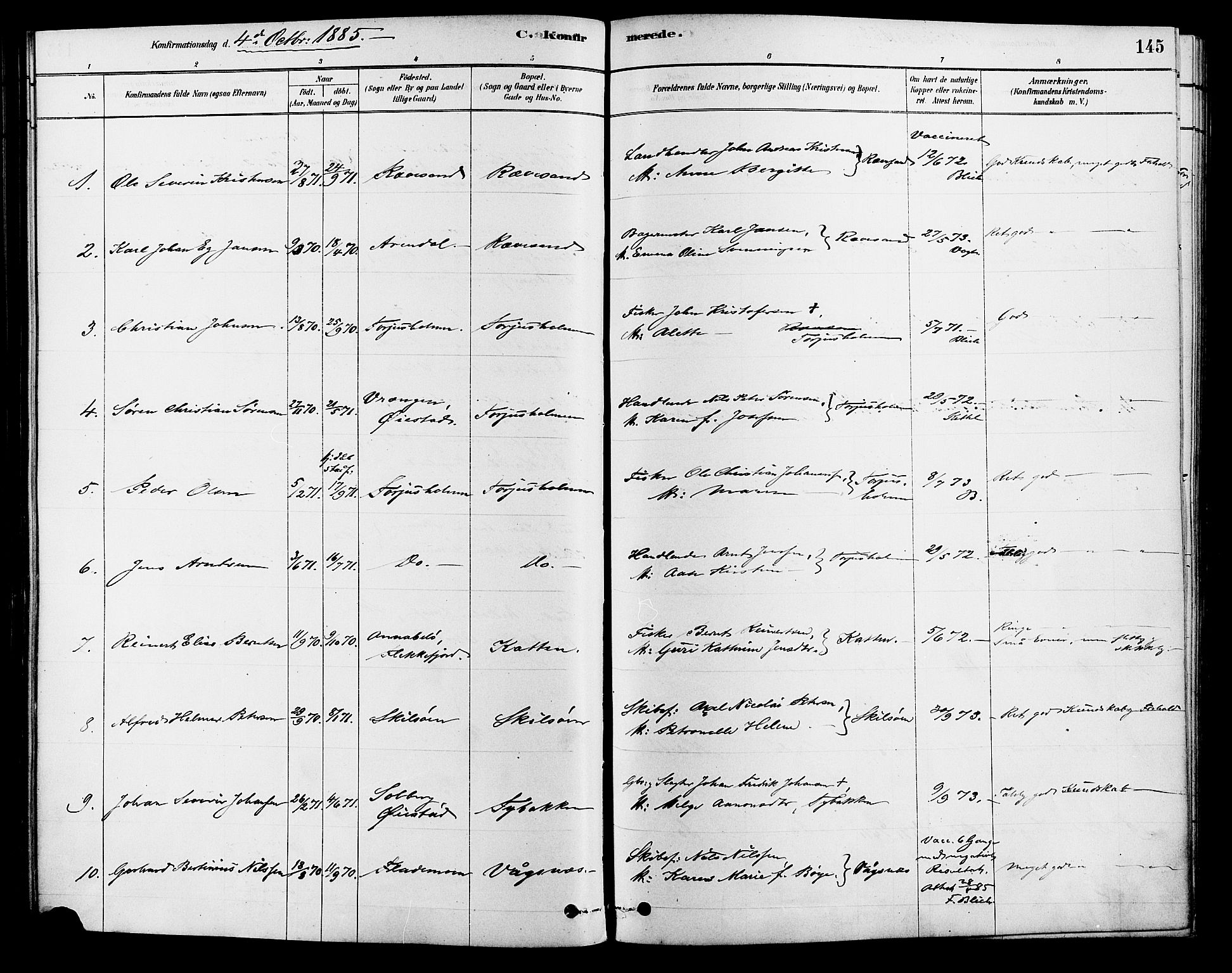 Tromøy sokneprestkontor, AV/SAK-1111-0041/F/Fa/L0009: Parish register (official) no. A 9, 1878-1896, p. 145