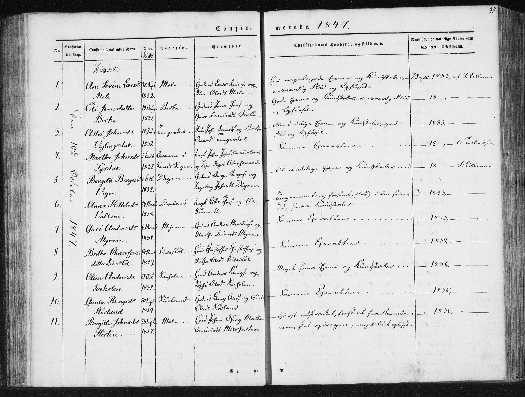 Hjelmeland sokneprestkontor, AV/SAST-A-101843/01/IV/L0008: Parish register (official) no. A 8, 1842-1861, p. 95