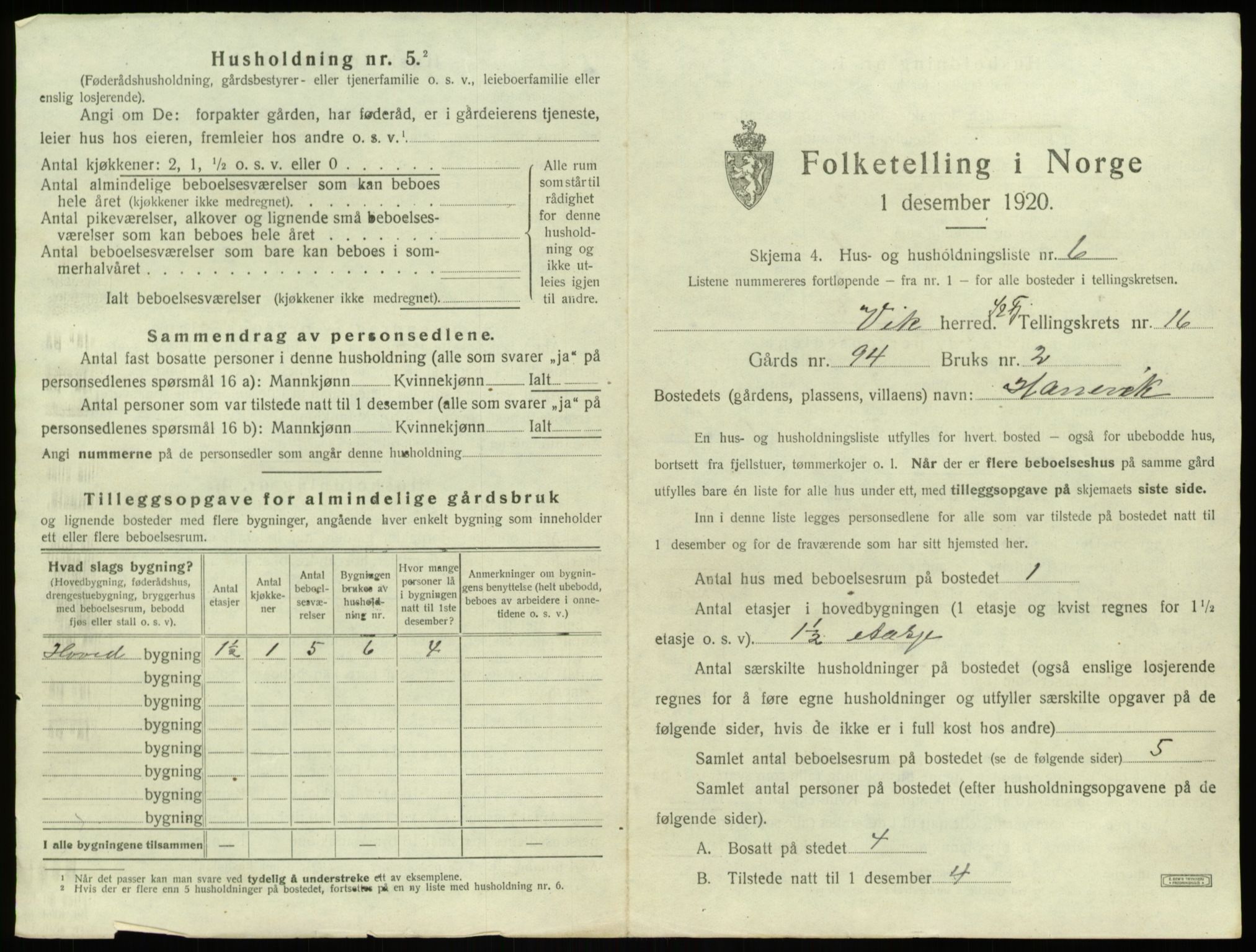 SAB, 1920 census for Vik, 1920, p. 1299