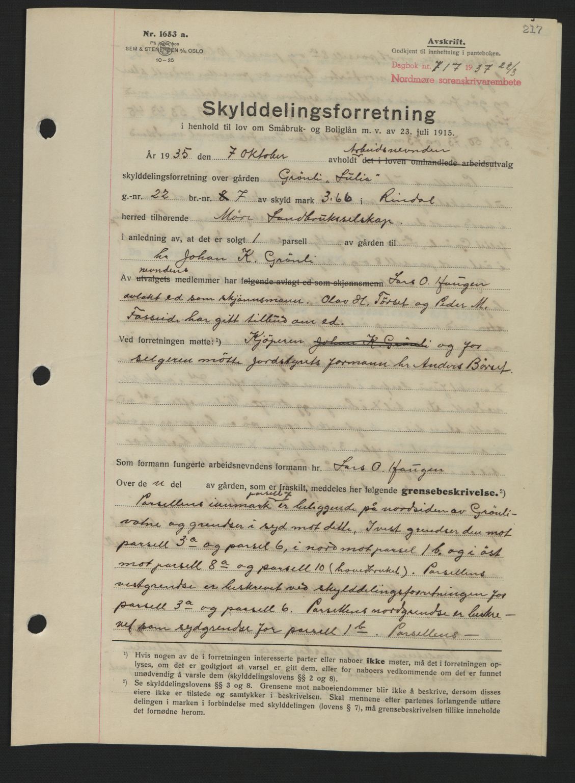 Nordmøre sorenskriveri, AV/SAT-A-4132/1/2/2Ca: Mortgage book no. A81, 1937-1937, Diary no: : 717/1937