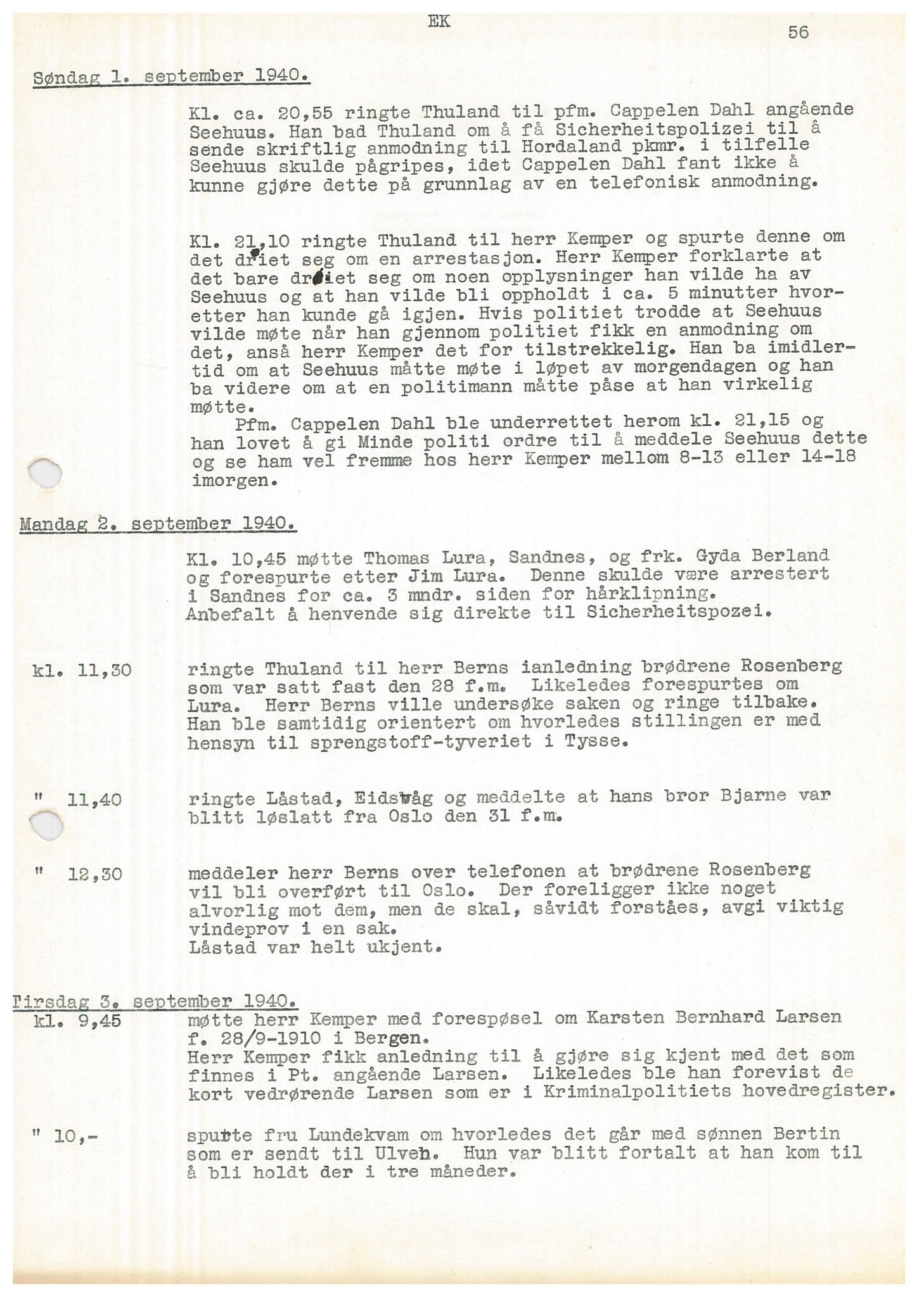 Bergen politikammer / politidistrikt, SAB/A-60401/Y/Ye/L0001: Avskrift av krigsdagbok av Dankert Thuland, 1940-1941, p. 56