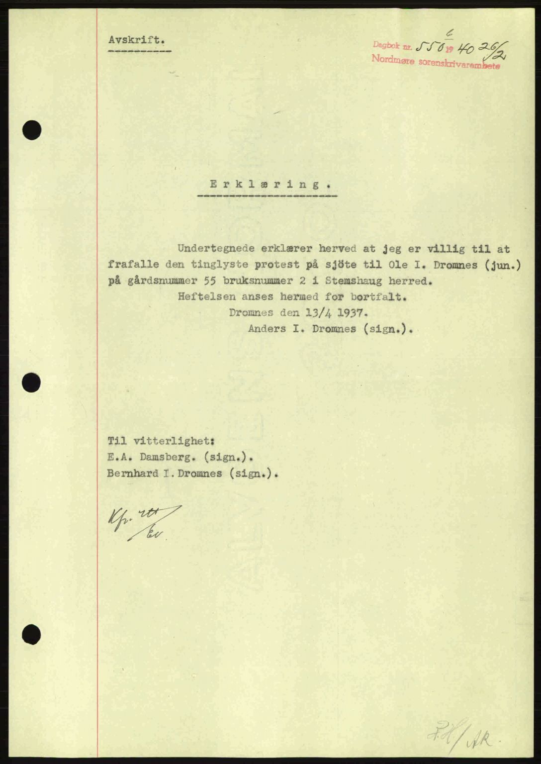 Nordmøre sorenskriveri, AV/SAT-A-4132/1/2/2Ca: Mortgage book no. B86, 1939-1940, Diary no: : 550/1940