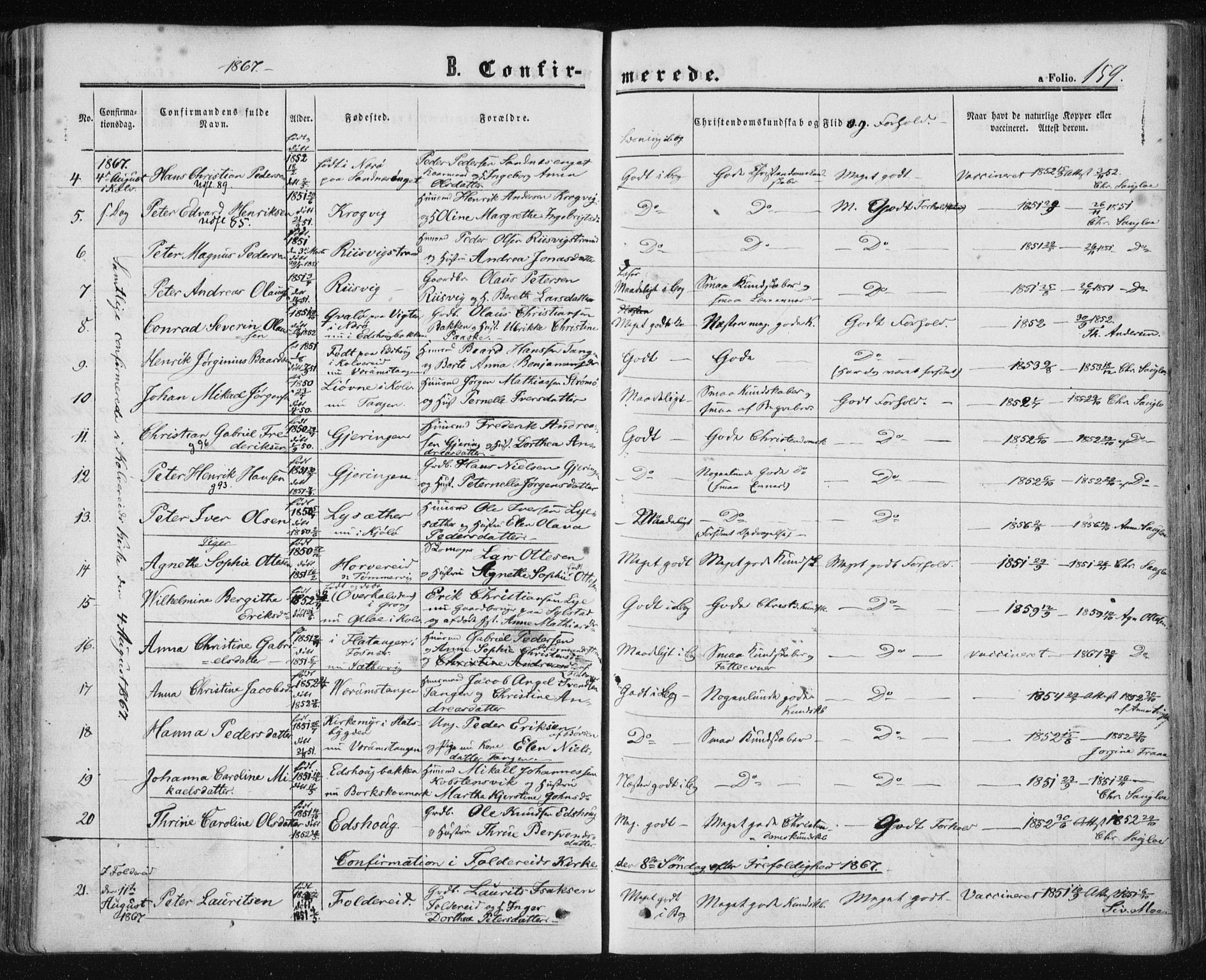Ministerialprotokoller, klokkerbøker og fødselsregistre - Nord-Trøndelag, AV/SAT-A-1458/780/L0641: Parish register (official) no. 780A06, 1857-1874, p. 159