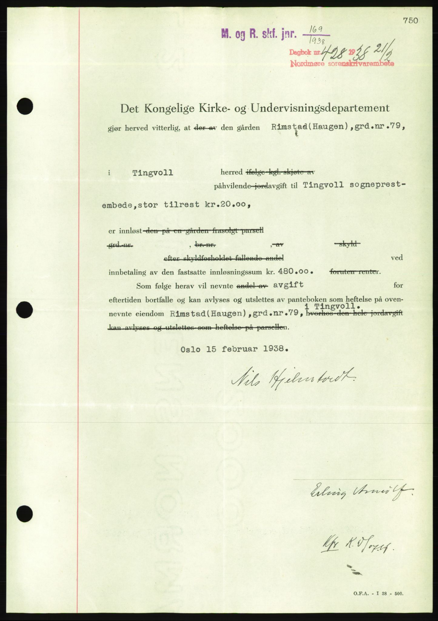 Nordmøre sorenskriveri, AV/SAT-A-4132/1/2/2Ca/L0092: Mortgage book no. B82, 1937-1938, Diary no: : 428/1938