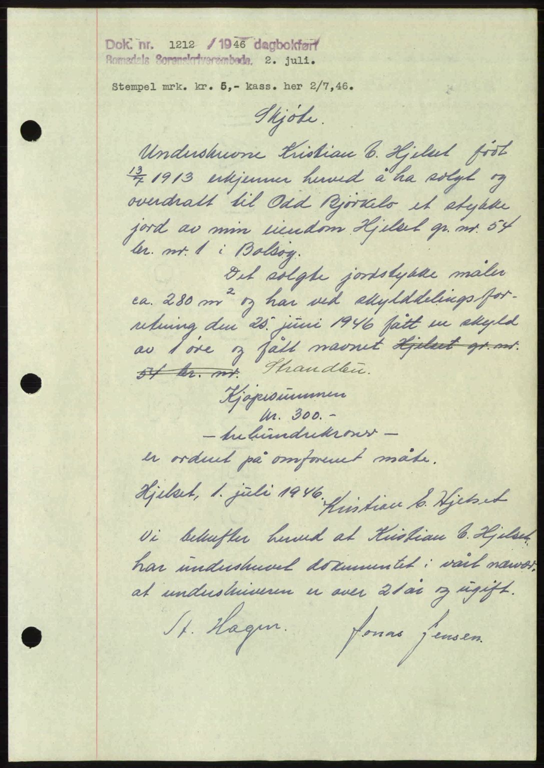 Romsdal sorenskriveri, AV/SAT-A-4149/1/2/2C: Mortgage book no. A20, 1946-1946, Diary no: : 1212/1946