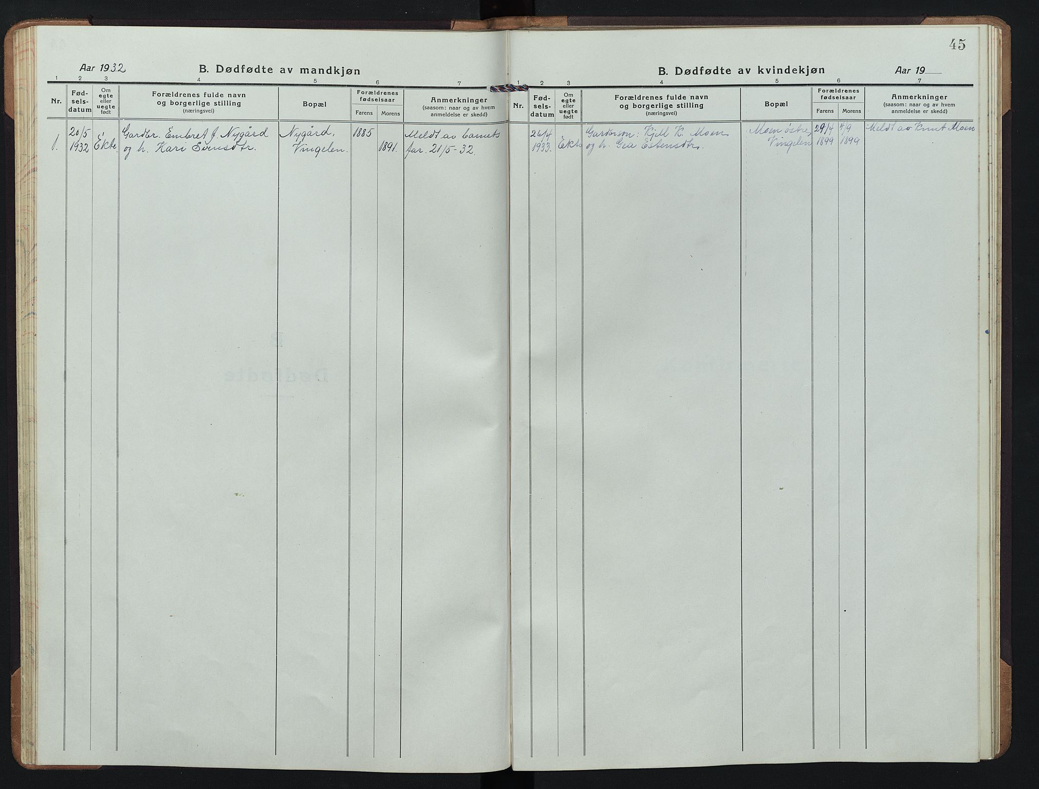 Tolga prestekontor, SAH/PREST-062/L/L0015: Parish register (copy) no. 15, 1919-1946, p. 45