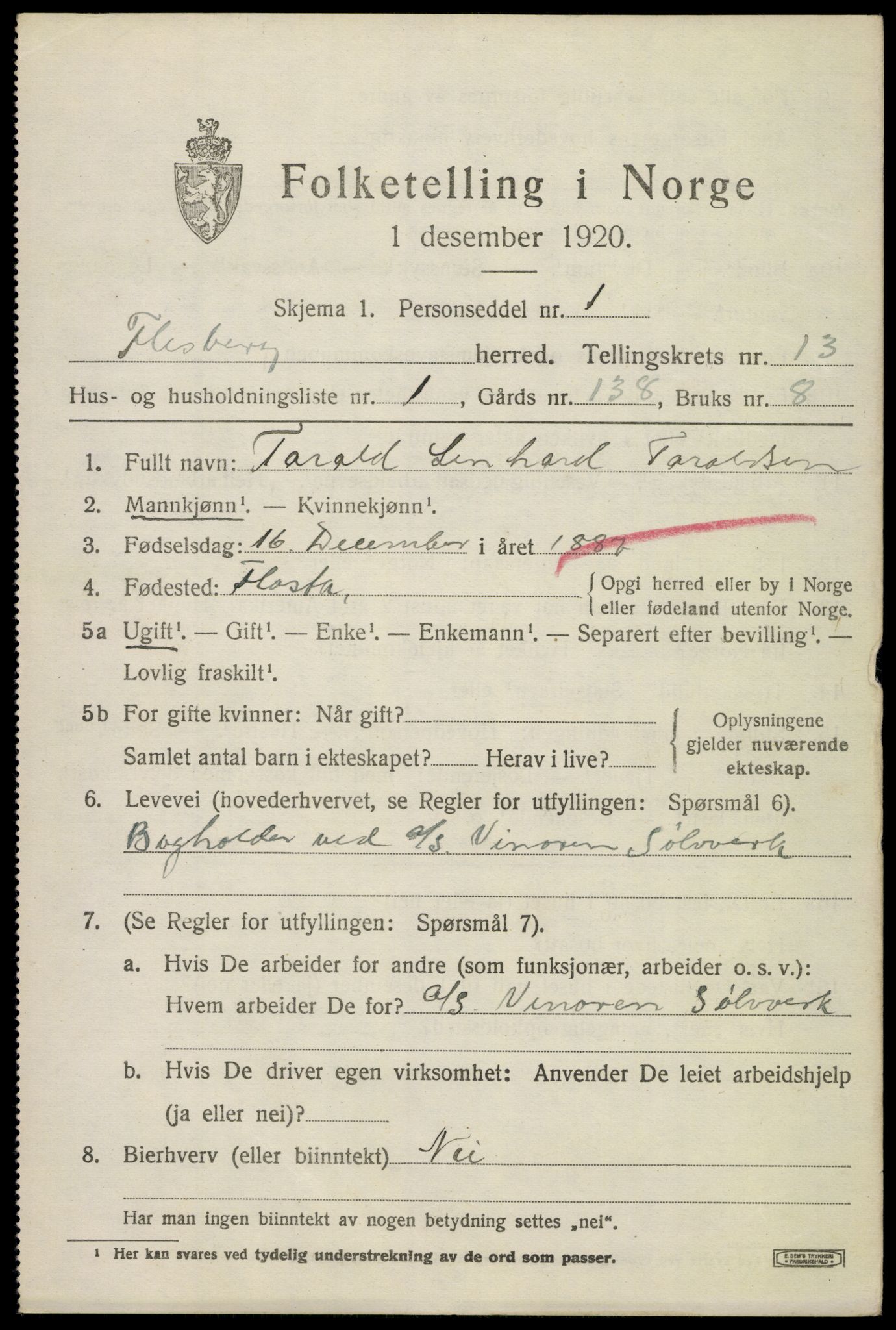 SAKO, 1920 census for Flesberg, 1920, p. 3981