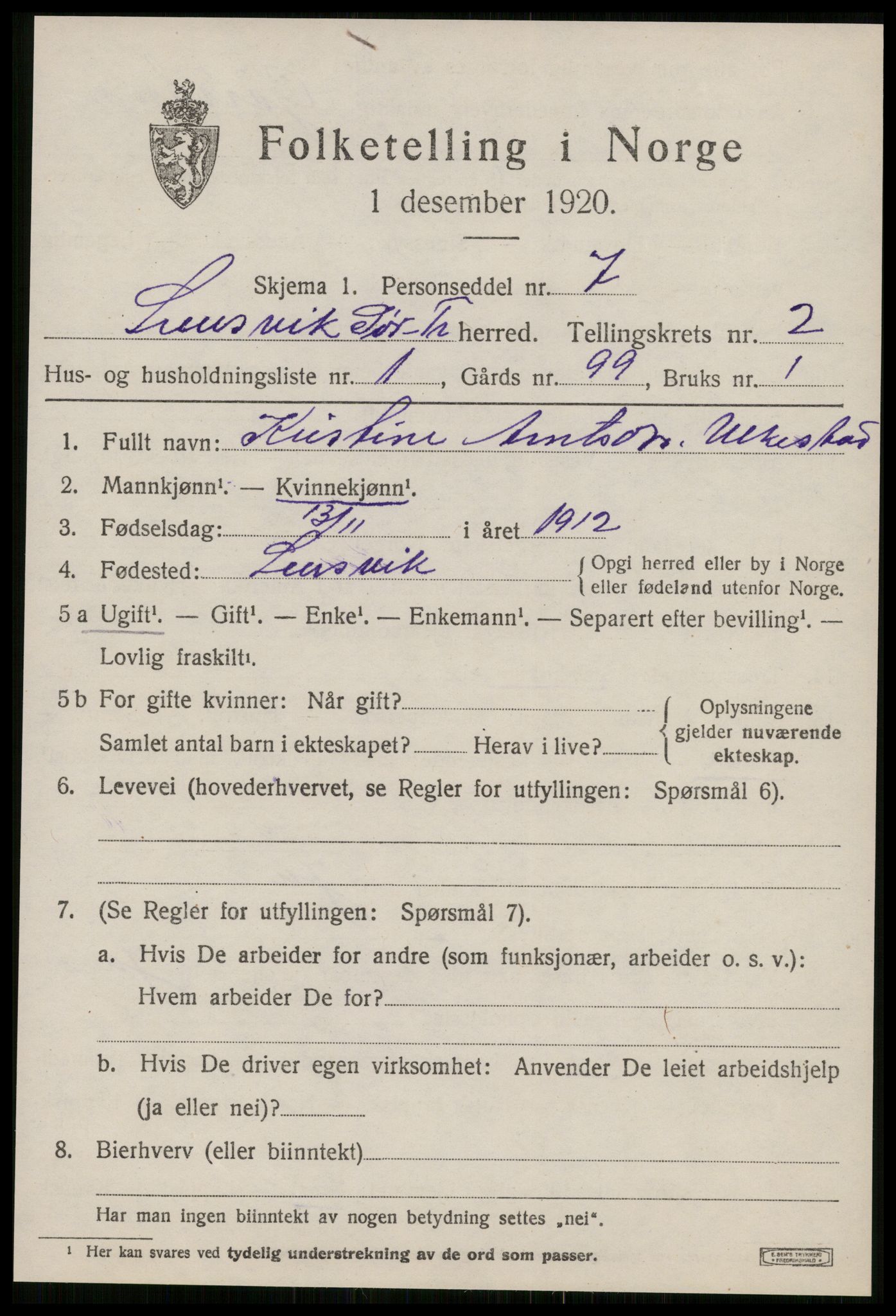 SAT, 1920 census for Lensvik, 1920, p. 1294