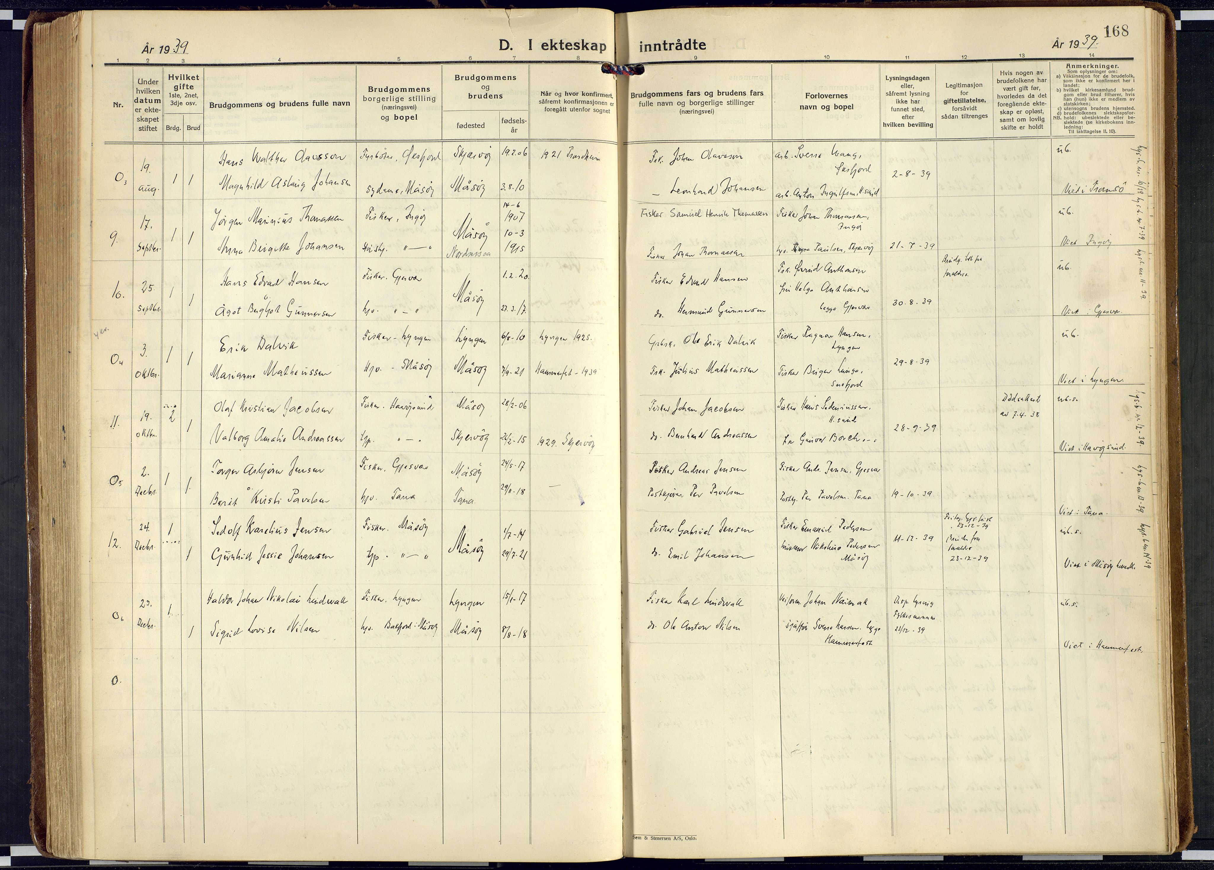 Måsøy sokneprestkontor, AV/SATØ-S-1348/H/Ha/L0011kirke: Parish register (official) no. 11, 1933-1947, p. 168