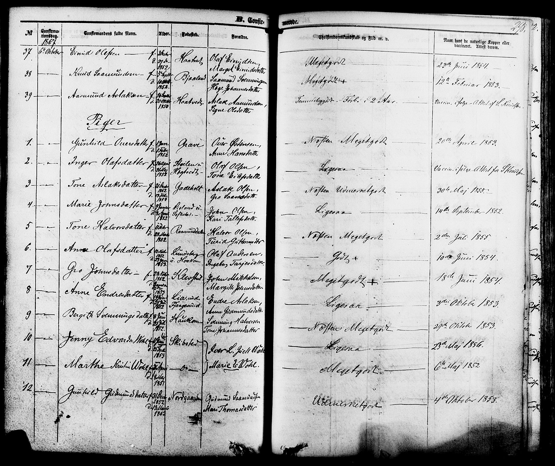 Kviteseid kirkebøker, AV/SAKO-A-276/F/Fa/L0007: Parish register (official) no. I 7, 1859-1881, p. 298