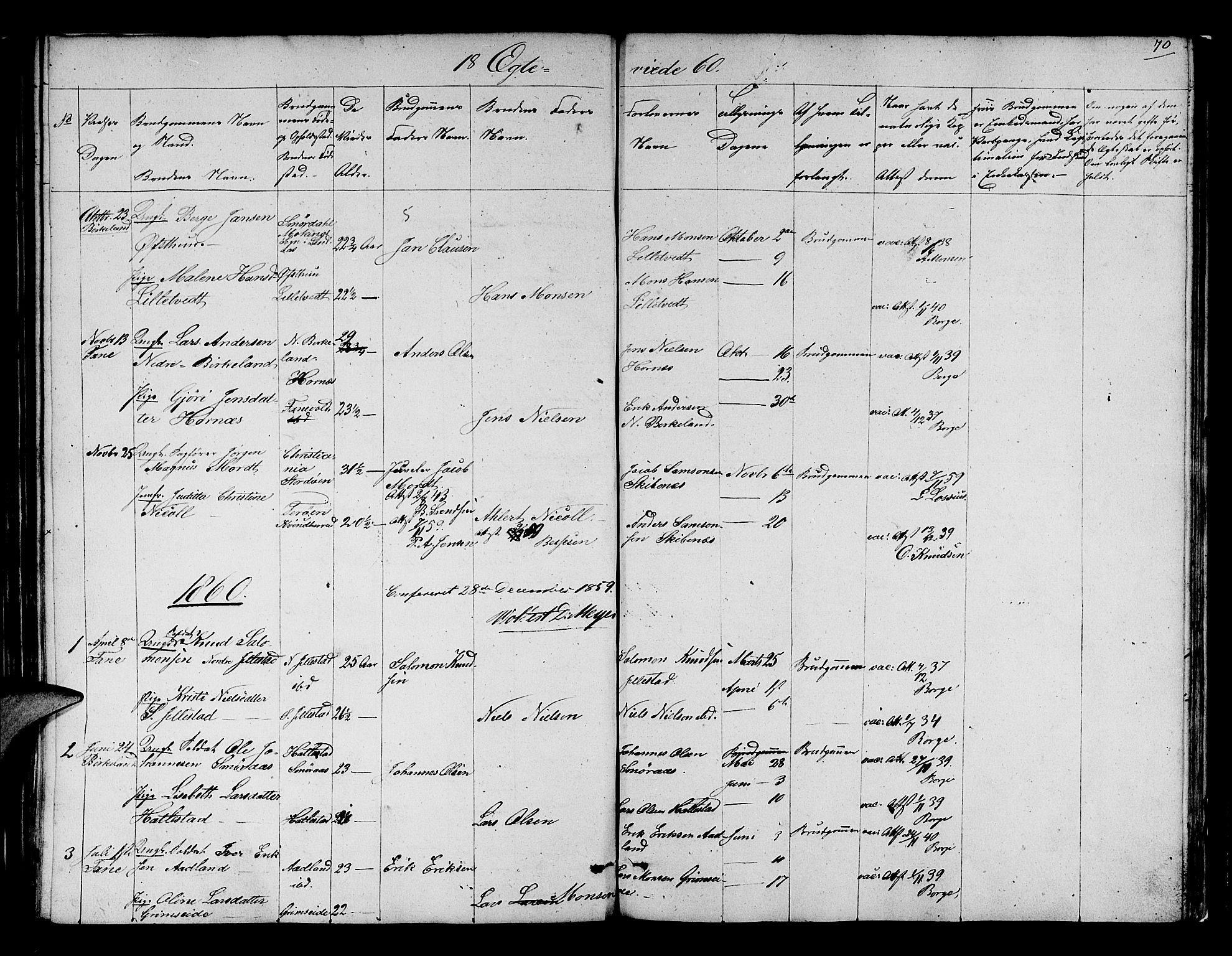 Fana Sokneprestembete, AV/SAB-A-75101/H/Hab/Habb/L0002: Parish register (copy) no. B 2, 1851-1860, p. 70