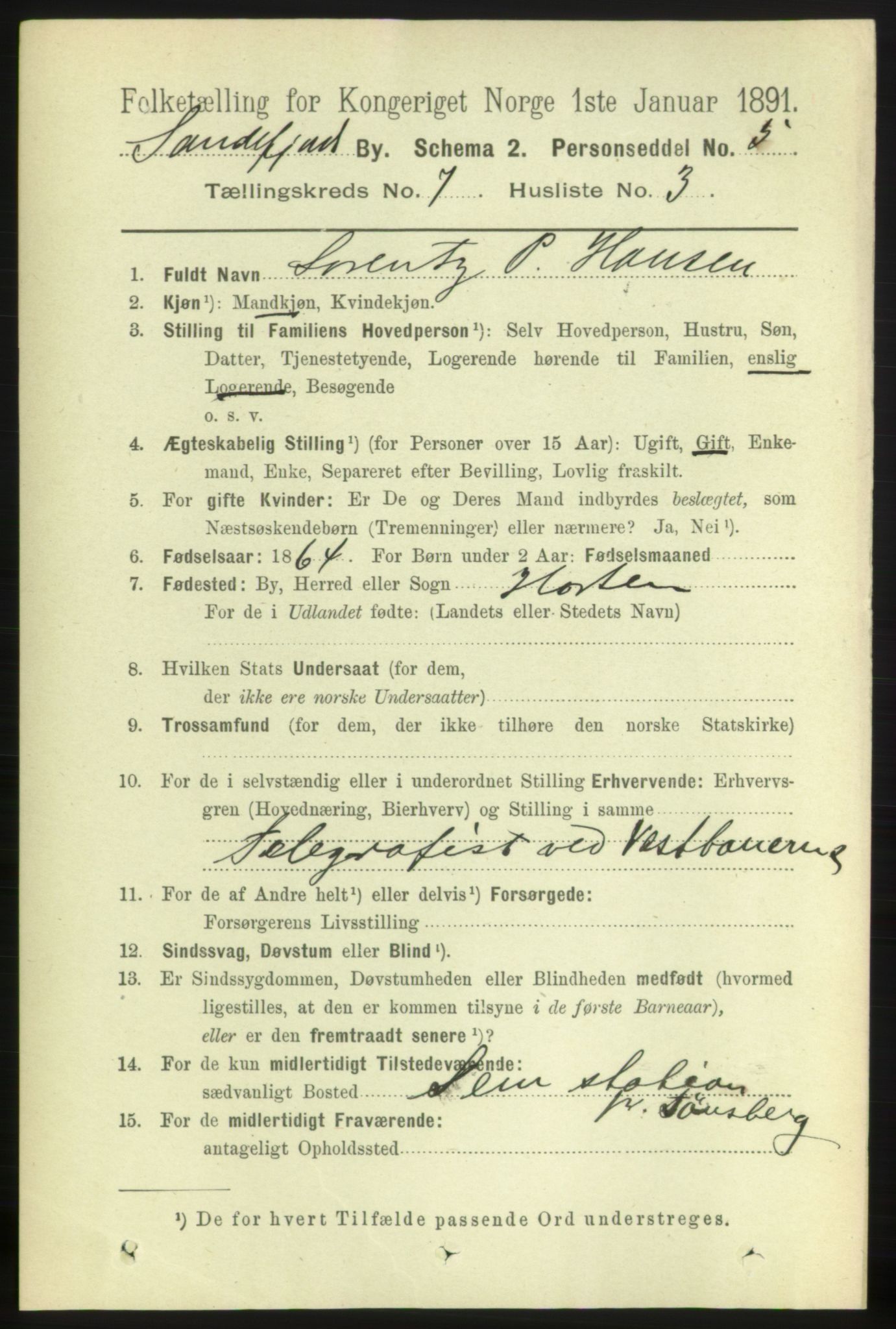 RA, 1891 census for 0706 Sandefjord, 1891, p. 2897