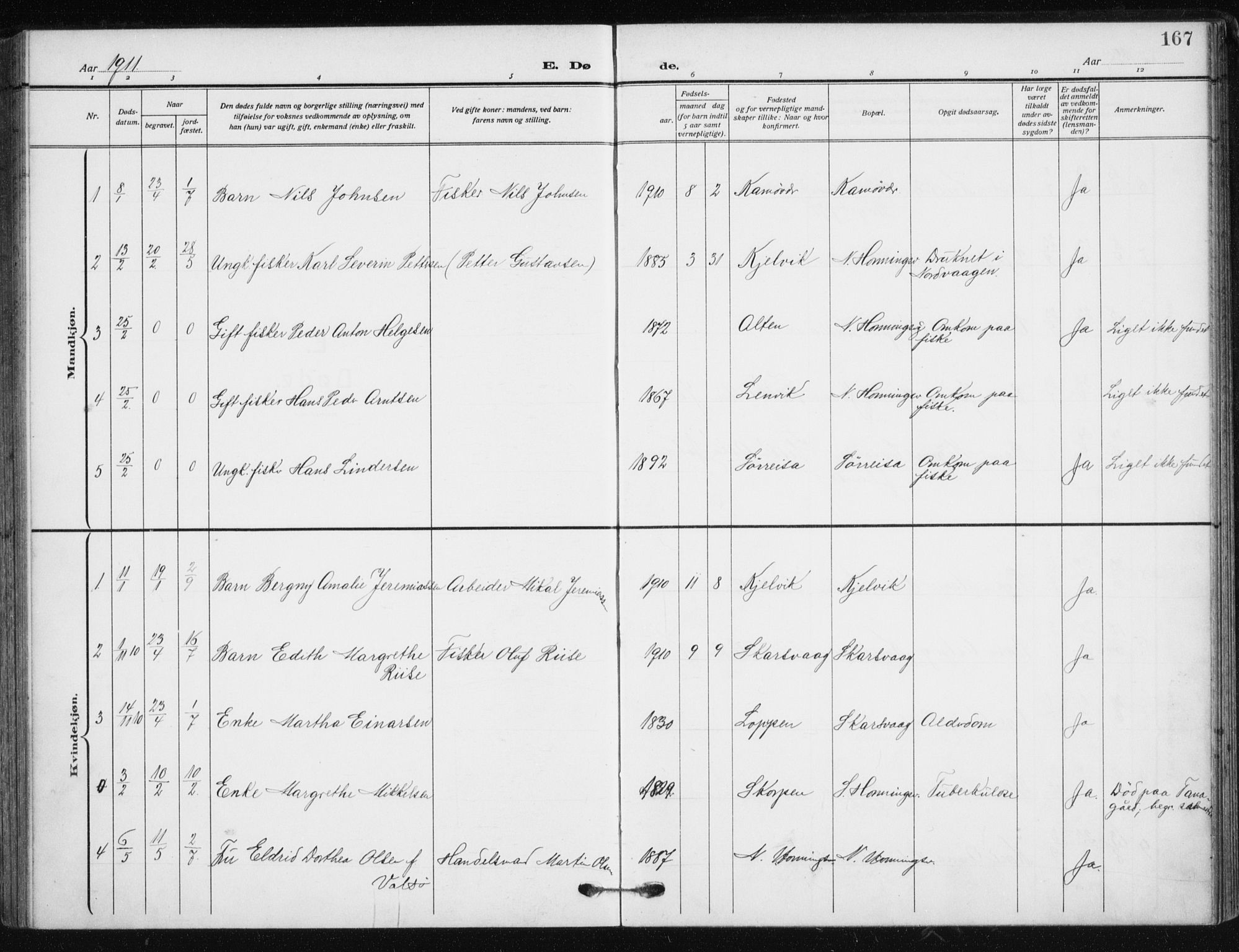 Kjelvik/Nordkapp sokneprestkontor, SATØ/S-1350/H/Ha/L0001kirke: Parish register (official) no. 1, 1911-1919, p. 167