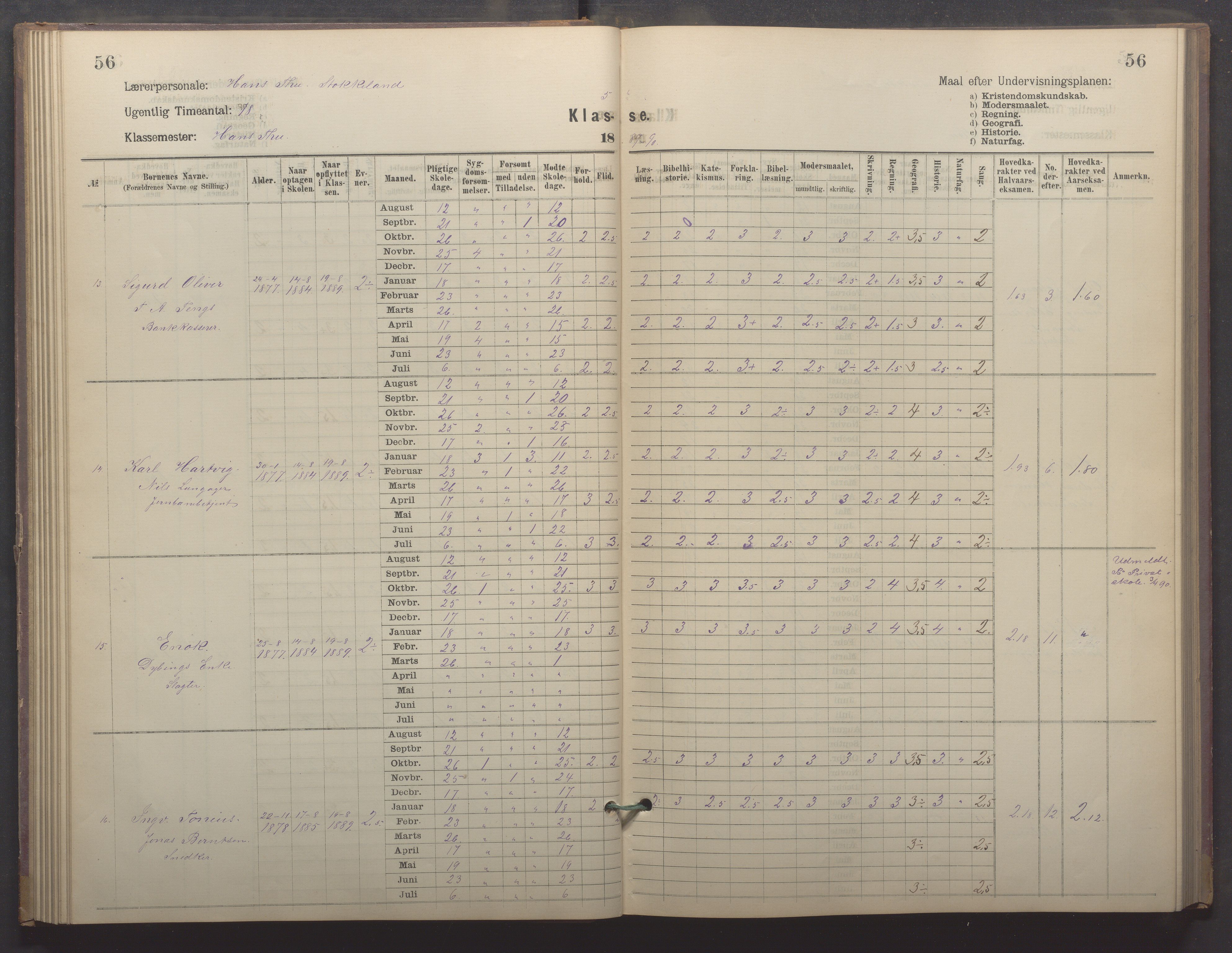 Egersund kommune (Ladested) - Egersund almueskole/folkeskole, IKAR/K-100521/H/L0022: Skoleprotokoll - Almueskolen, 5. klasse, 1886-1892, p. 56