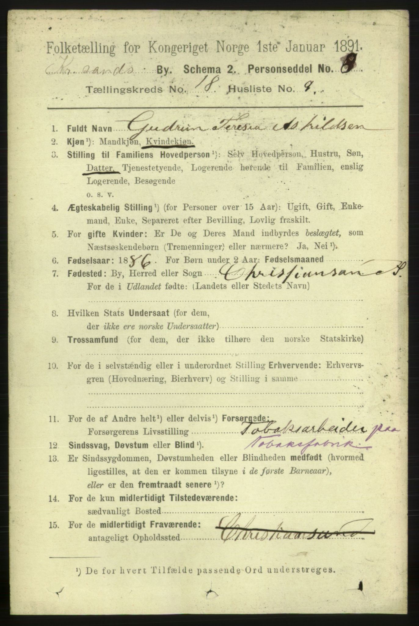 RA, 1891 census for 1001 Kristiansand, 1891, p. 7290