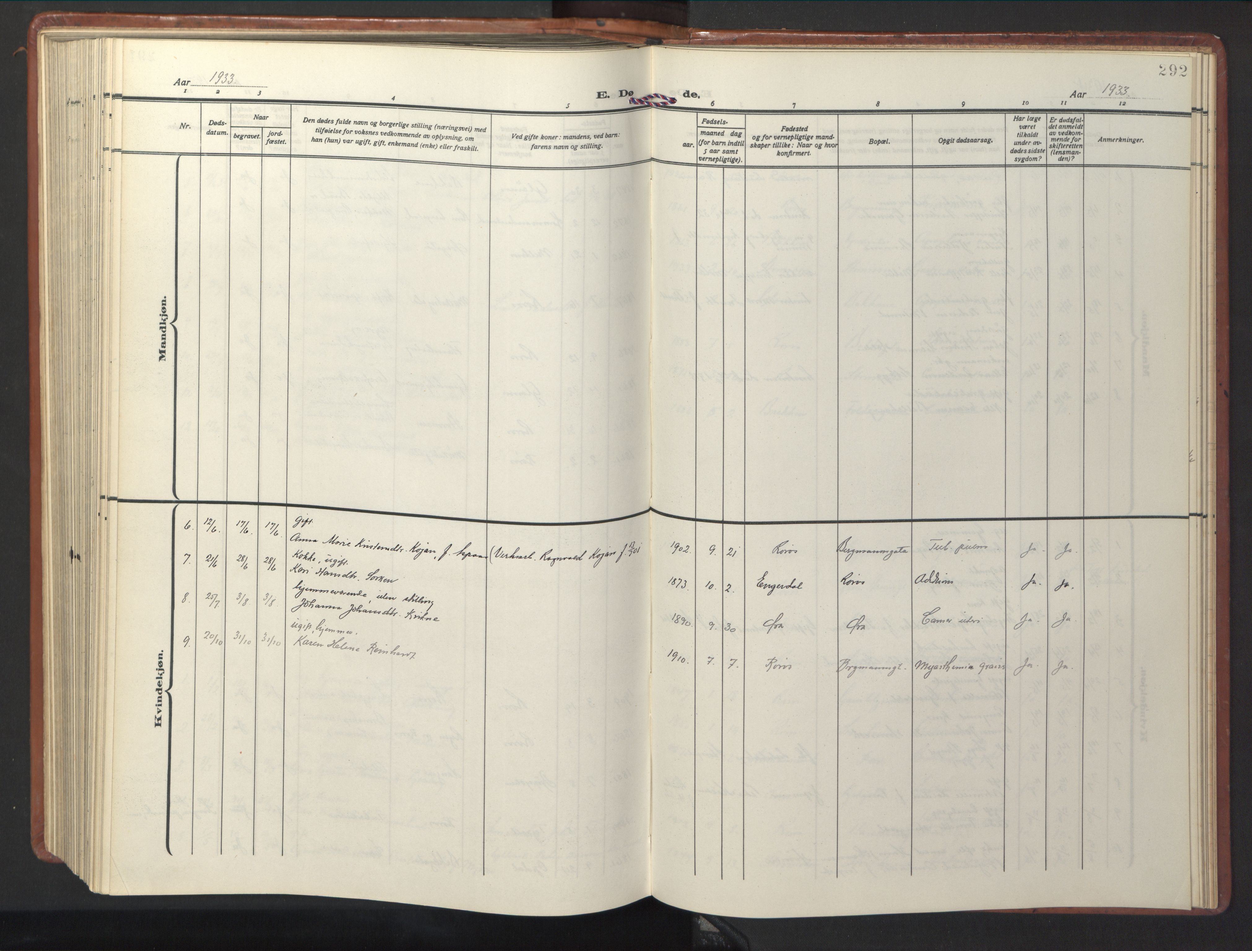 Ministerialprotokoller, klokkerbøker og fødselsregistre - Sør-Trøndelag, SAT/A-1456/681/L0943: Parish register (copy) no. 681C07, 1926-1954, p. 292
