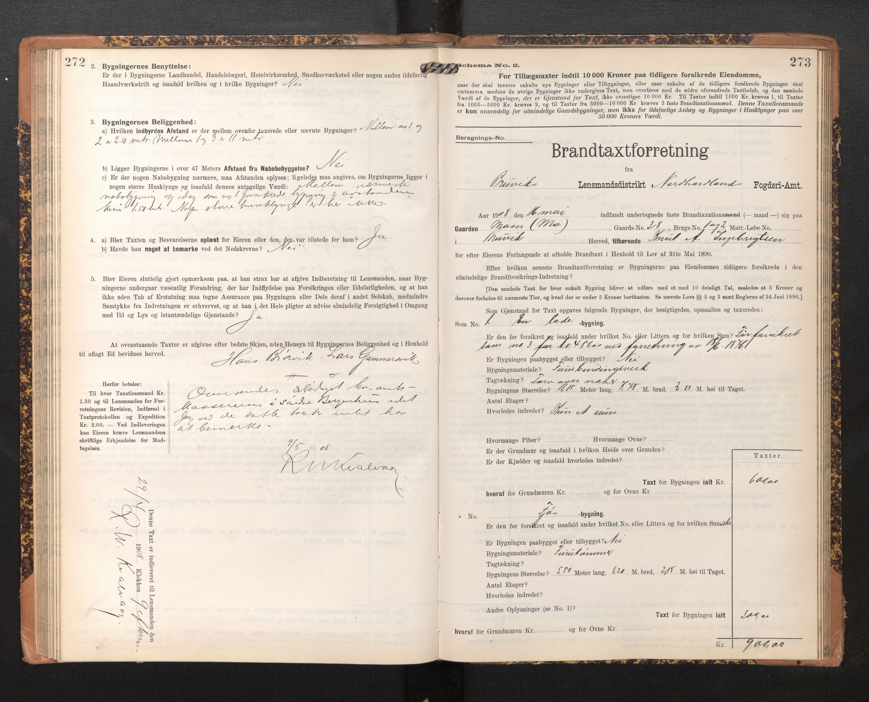 Lensmannen i Bruvik, AV/SAB-A-31301/0012/L0007: Branntakstprotokoll, skjematakst, 1906-1918, p. 272-273