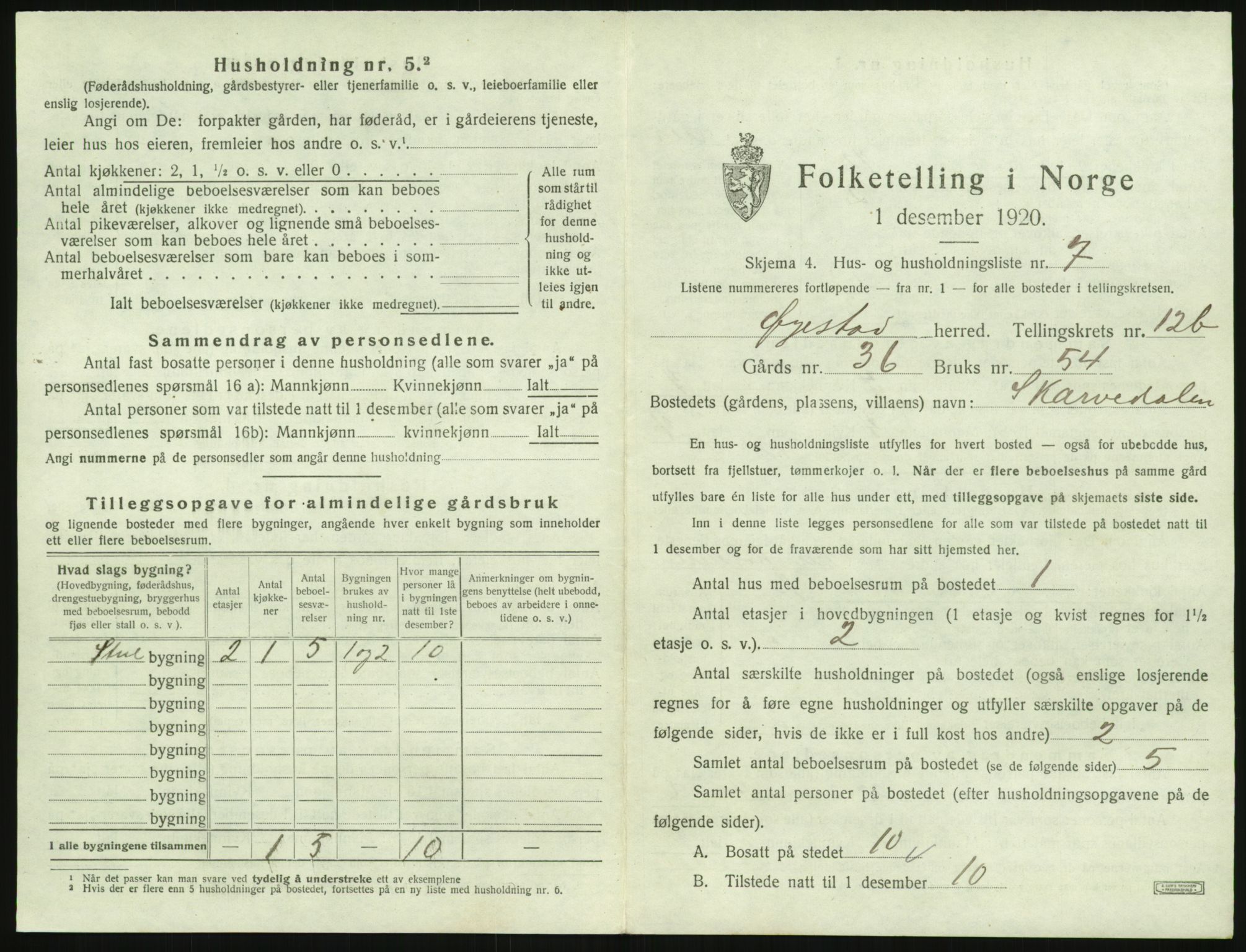 SAK, 1920 census for Øyestad, 1920, p. 1228