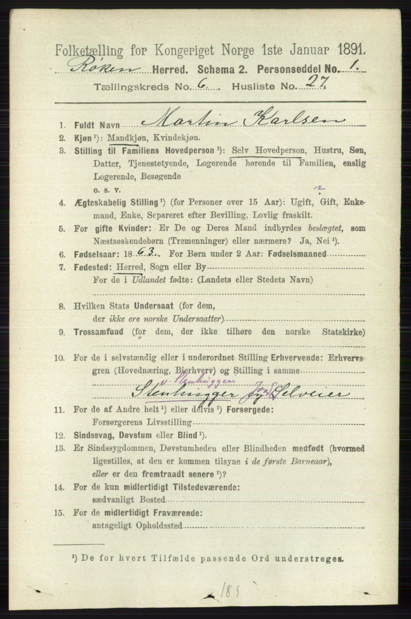 RA, 1891 census for 0627 Røyken, 1891, p. 3769