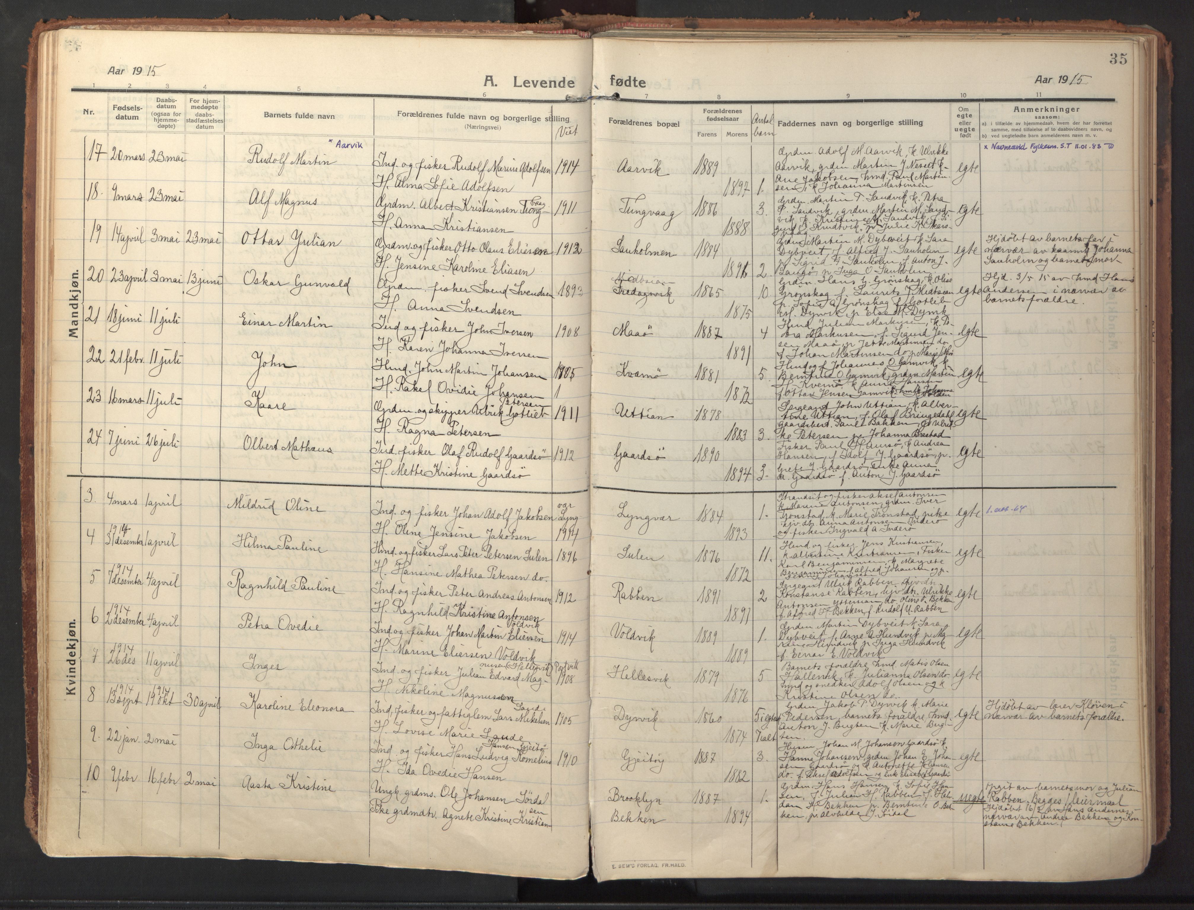 Ministerialprotokoller, klokkerbøker og fødselsregistre - Sør-Trøndelag, AV/SAT-A-1456/640/L0581: Parish register (official) no. 640A06, 1910-1924, p. 35