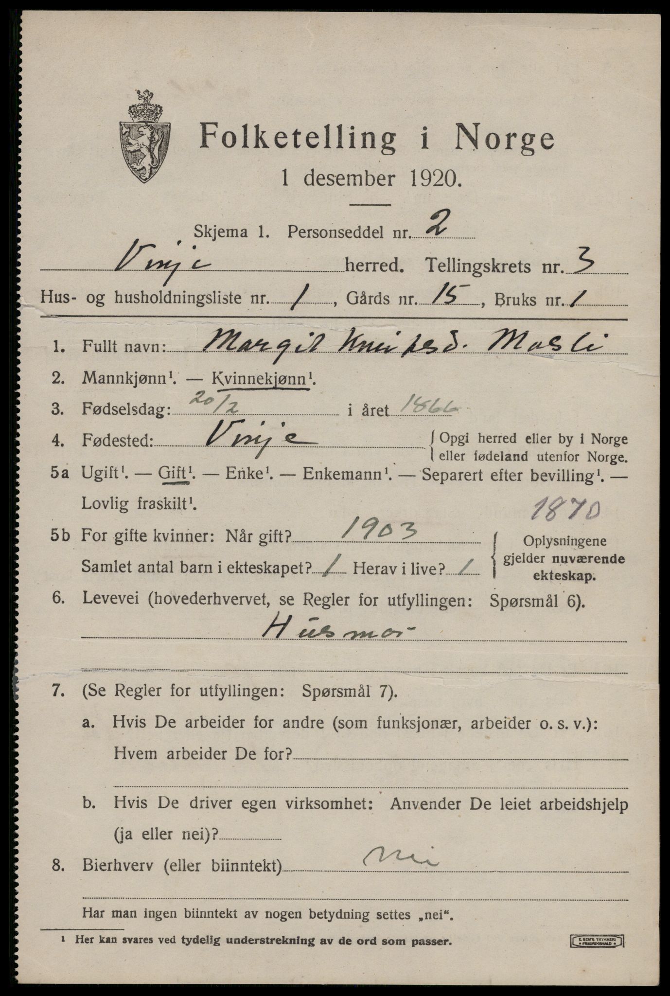 SAKO, 1920 census for Vinje, 1920, p. 1047