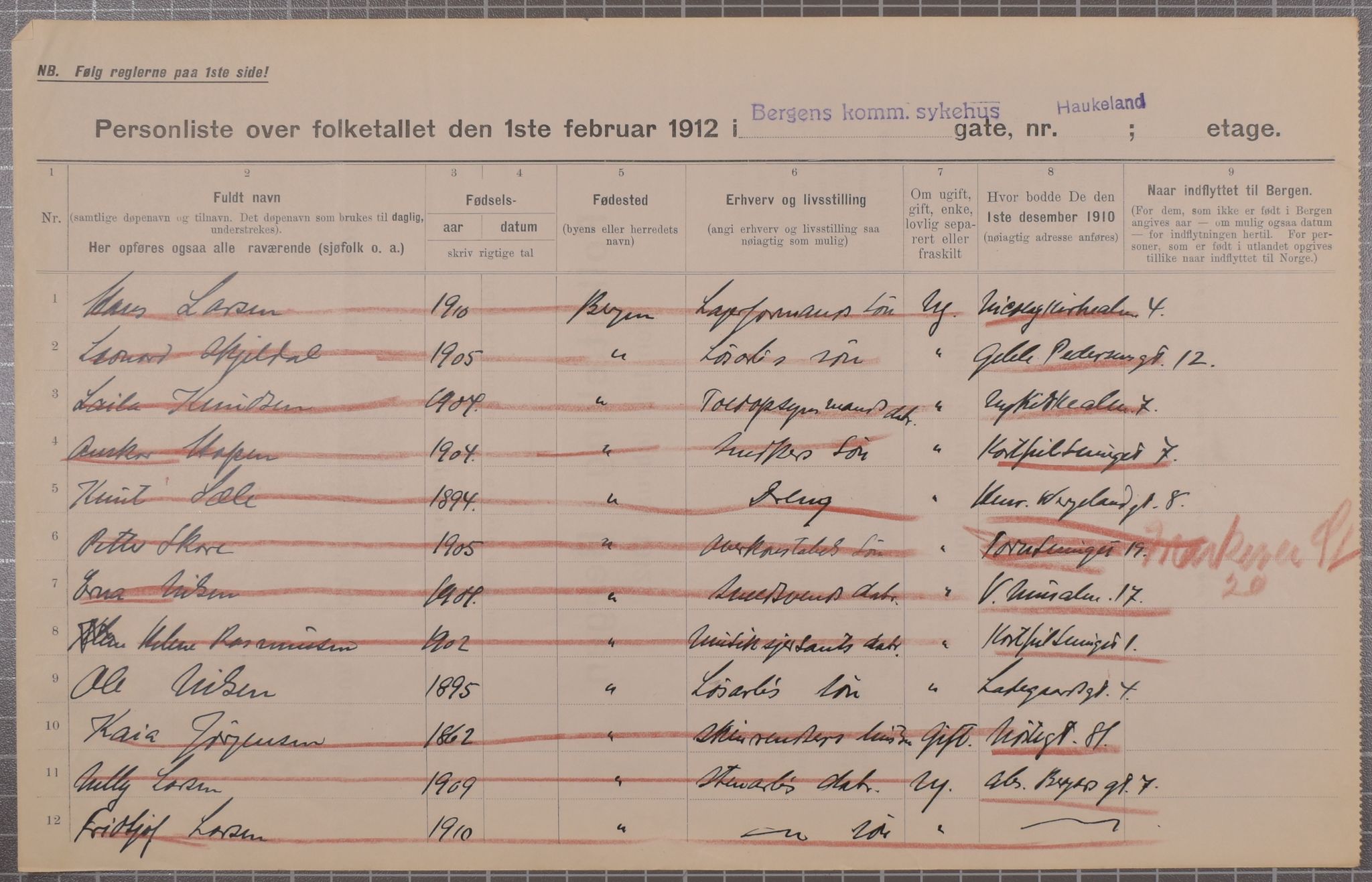 SAB, Municipal Census 1912 for Bergen, 1912, p. 1889