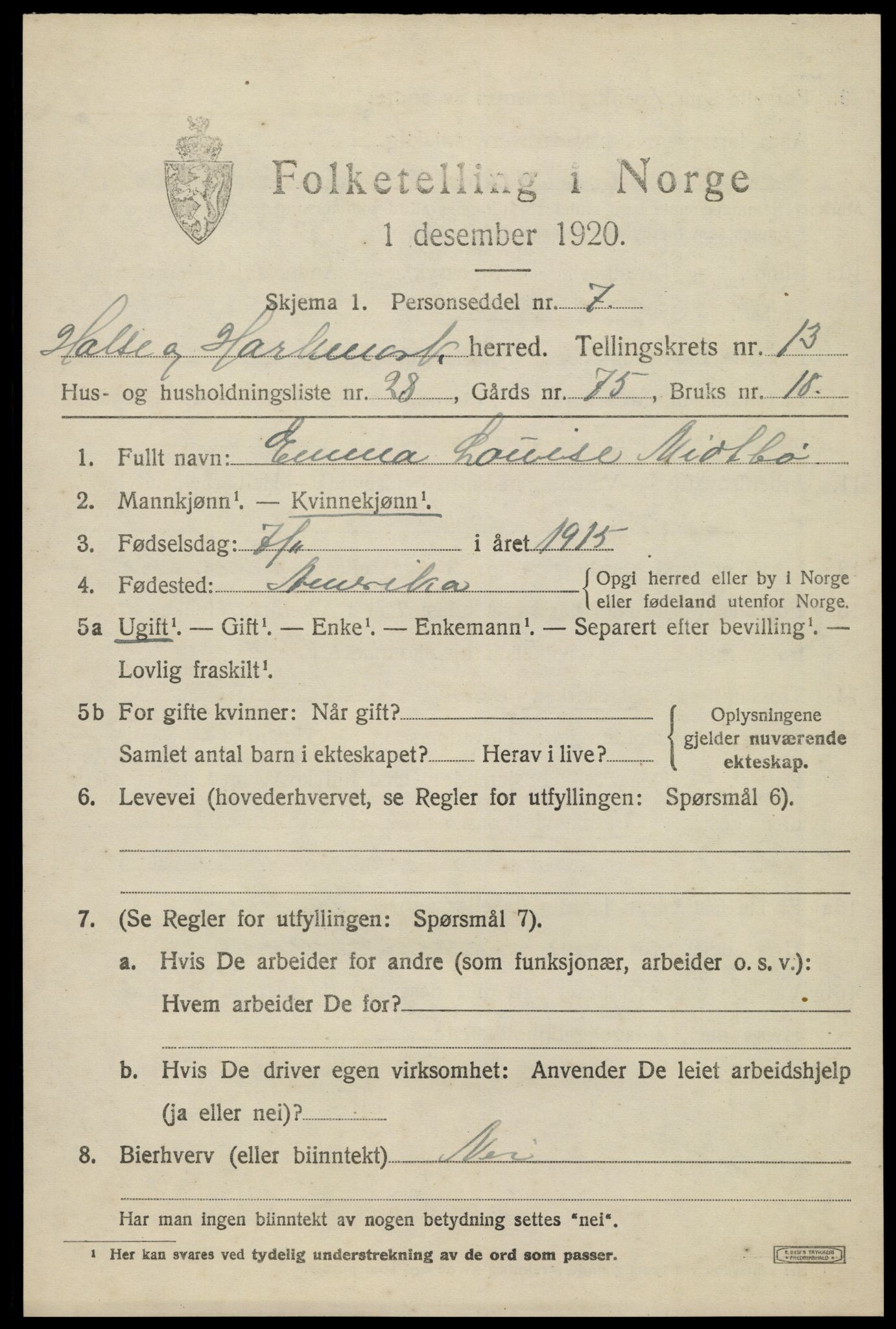 SAK, 1920 census for Halse og Harkmark, 1920, p. 7249