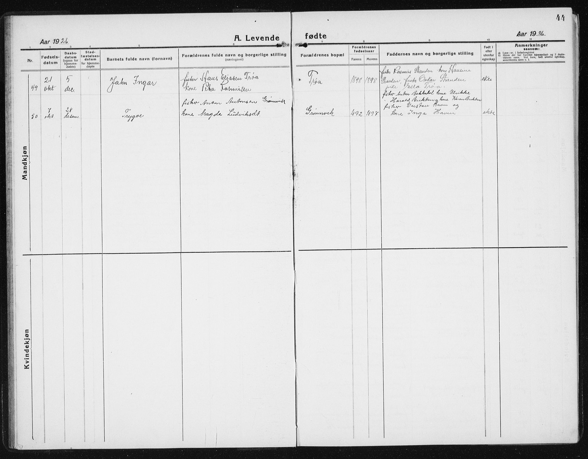 Ministerialprotokoller, klokkerbøker og fødselsregistre - Sør-Trøndelag, SAT/A-1456/640/L0589: Parish register (copy) no. 640C06, 1922-1934, p. 44
