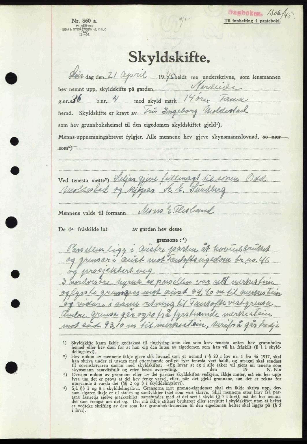 Midhordland sorenskriveri, SAB/A-3001/1/G/Gb/Gbj/L0019: Mortgage book no. A37-38, 1944-1945, Diary no: : 1306/1945