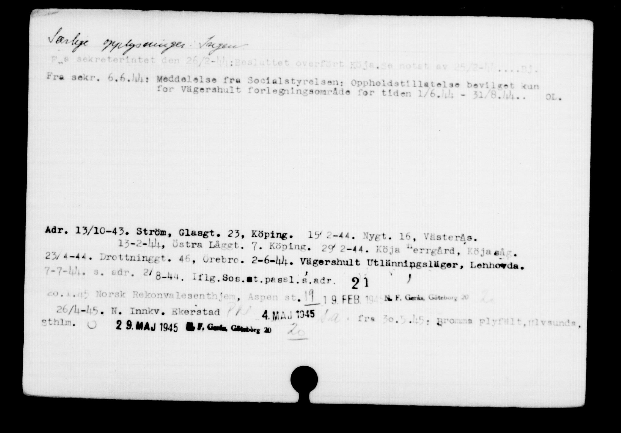 Utenriksstasjonene, Legasjonen i Stockholm, Flyktningkontoret, AV/RA-S-6753/V/Va/L0001: Kjesäterkartoteket, flyktninger med registreringsnr. 1-1000, 1940-1945, p. 991