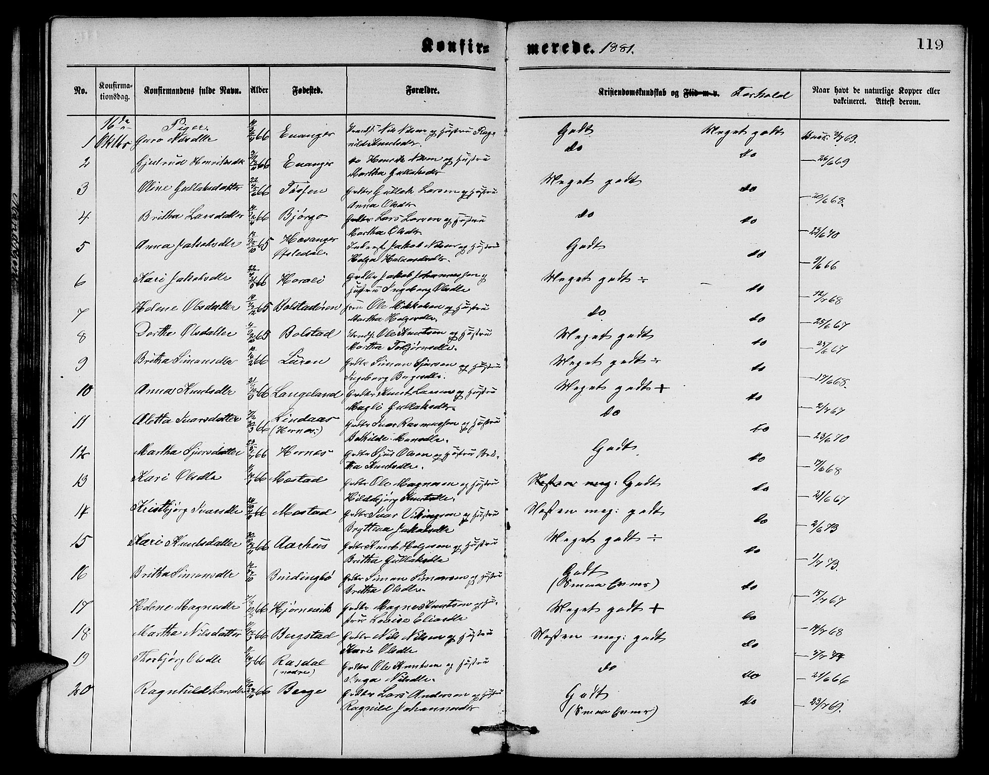 Evanger sokneprestembete, SAB/A-99924: Parish register (copy) no. A 3, 1875-1887, p. 119