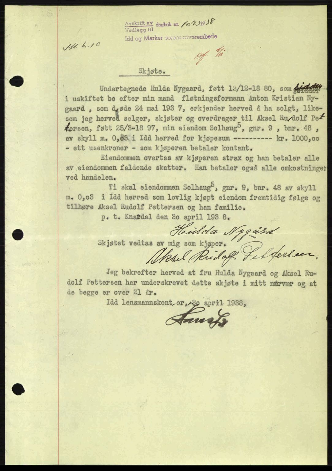 Idd og Marker sorenskriveri, AV/SAO-A-10283/G/Gb/Gbb/L0002: Mortgage book no. A2, 1937-1938, Diary no: : 1073/1938