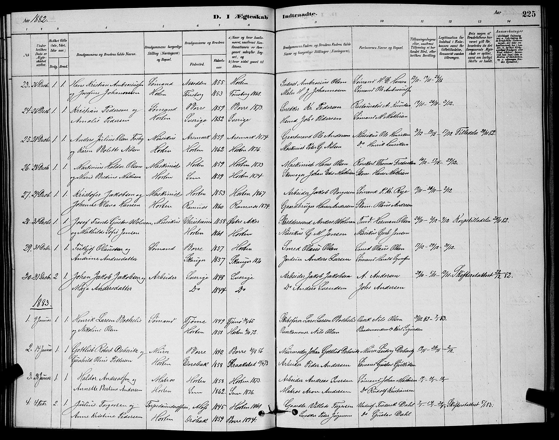 Horten kirkebøker, AV/SAKO-A-348/G/Ga/L0003: Parish register (copy) no. 4, 1878-1887, p. 225